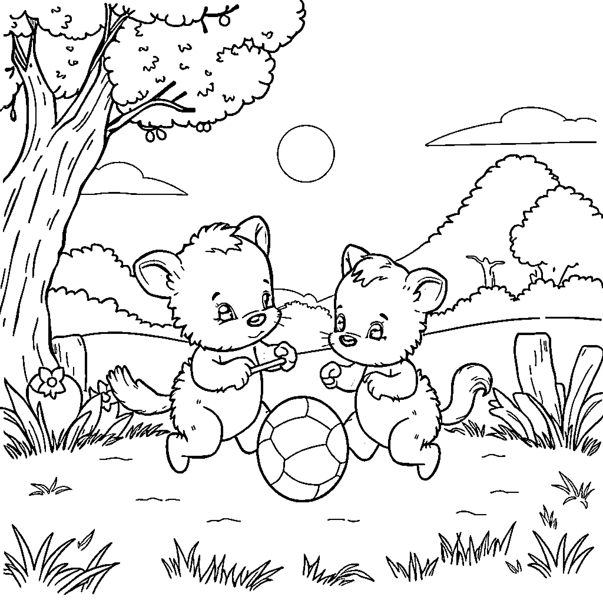 Baby Animals Playing with Ball in Nature Coloring Page (free black-and-white line drawing printable PDF for all, from beginners to advanced learners, including children, teens, adults, and seniors)