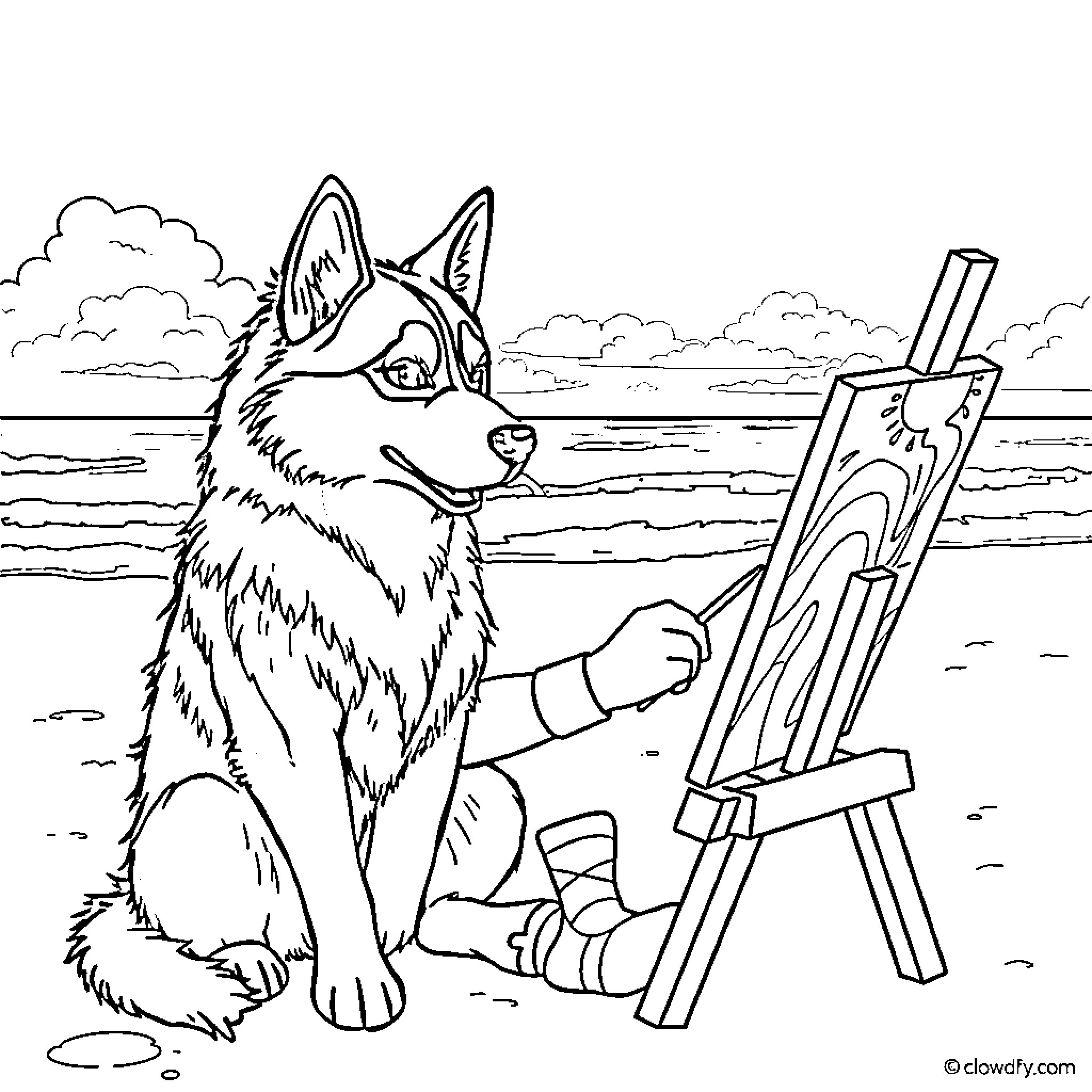 Husky painting a landscape in the outdoors Coloring Page (free black-and-white line drawing printable PDF for all, from beginners to advanced learners, including children, teens, adults, and seniors)