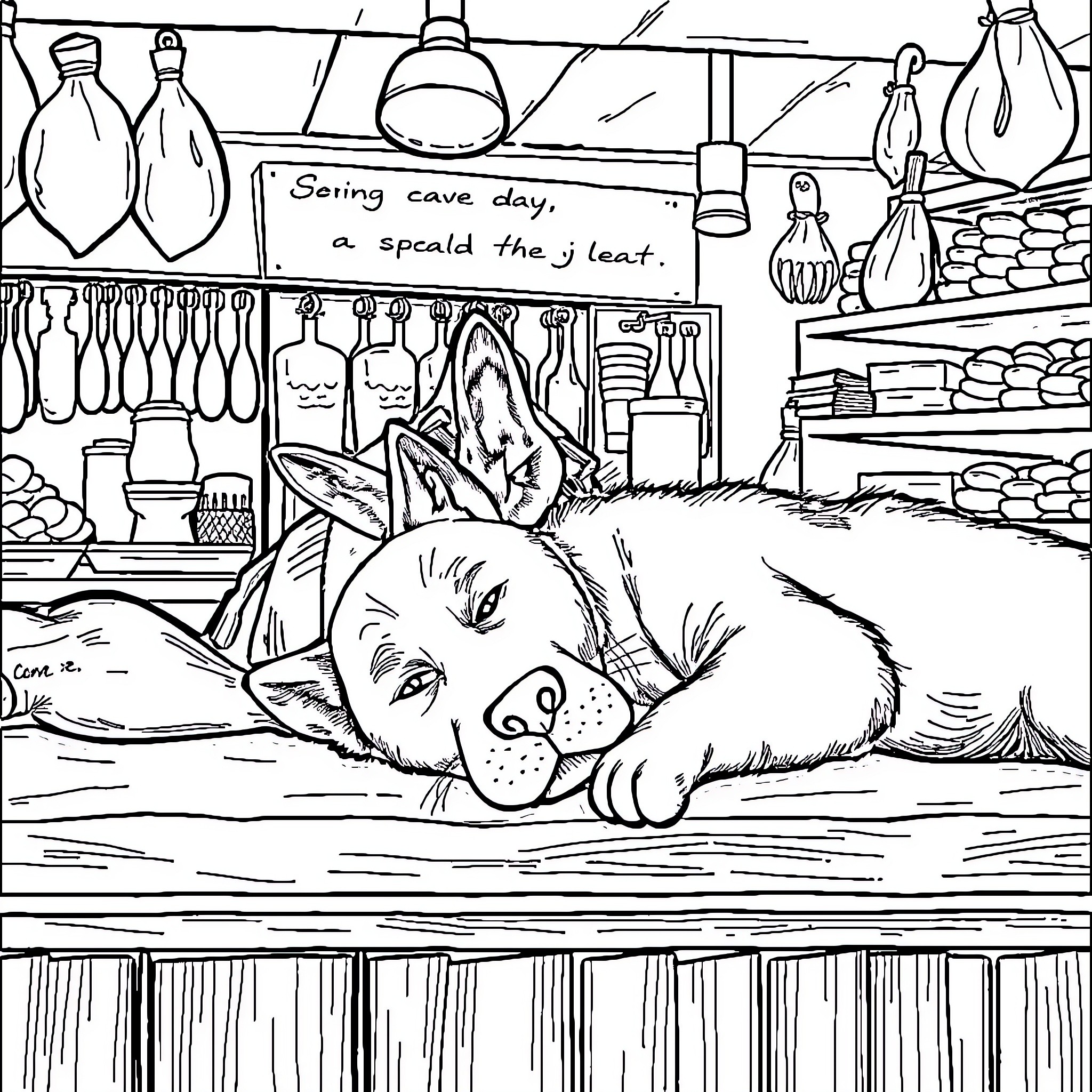 Cat resting in a cozy shelter Coloring Page (free black-and-white line drawing printable PDF for all, from beginners to advanced learners, including children, teens, adults, and seniors)