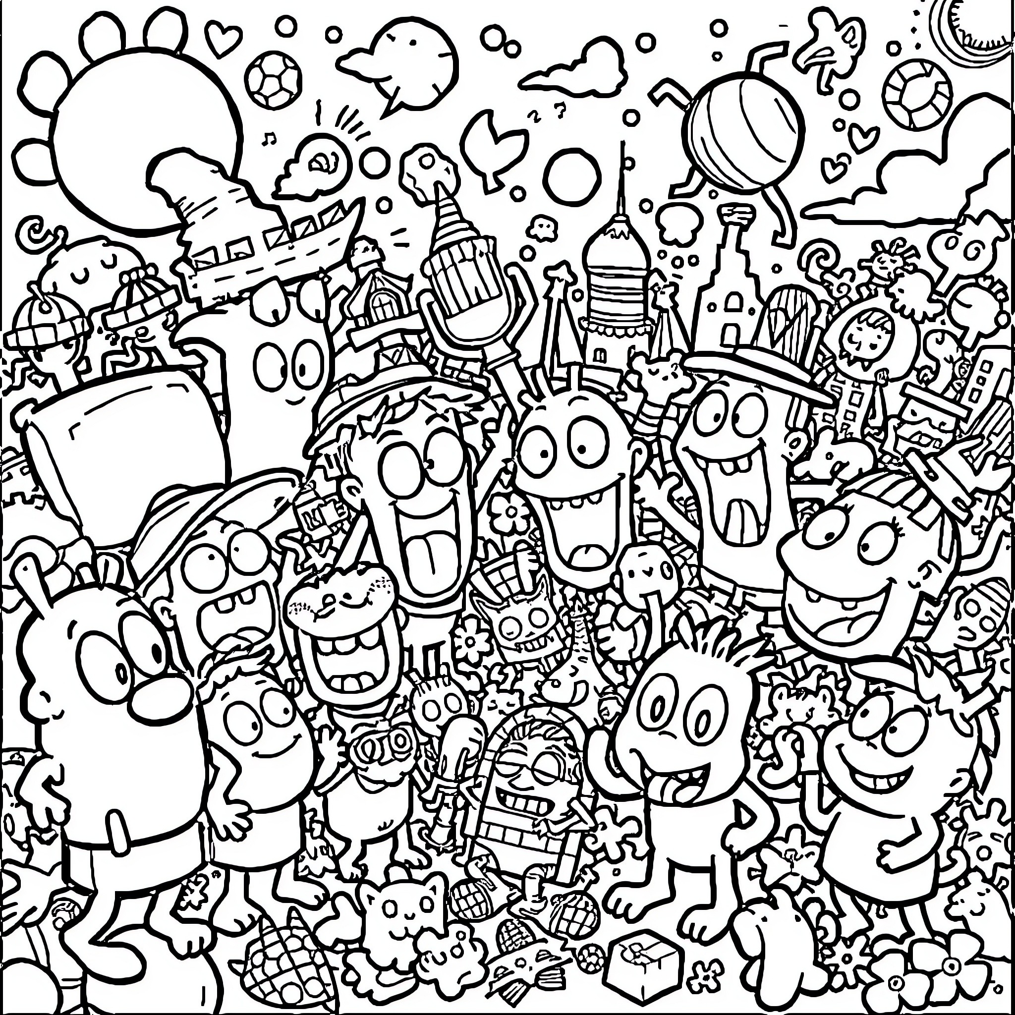 Cartoon Characters in a Whimsical Scene Coloring Page (free black-and-white line drawing printable PDF for all, from beginners to advanced learners, including children, teens, adults, and seniors)