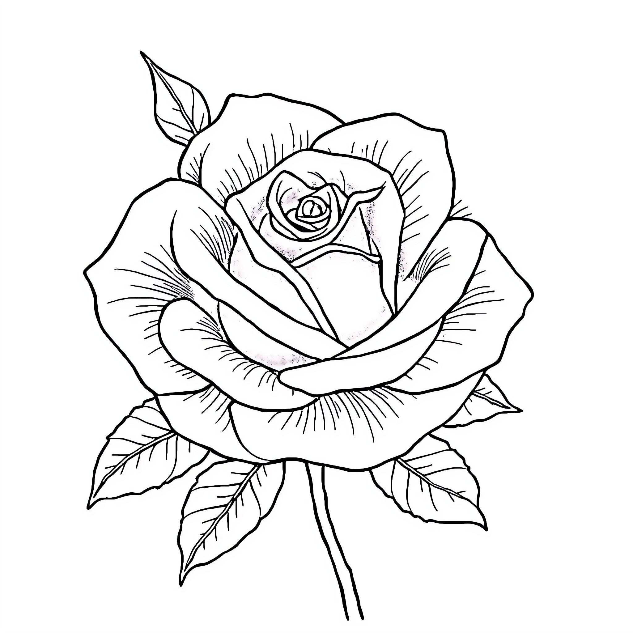 Rose blooming with delicate details Coloring Page (free black-and-white line drawing printable PDF for all, from beginners to advanced learners, including children, teens, adults, and seniors)