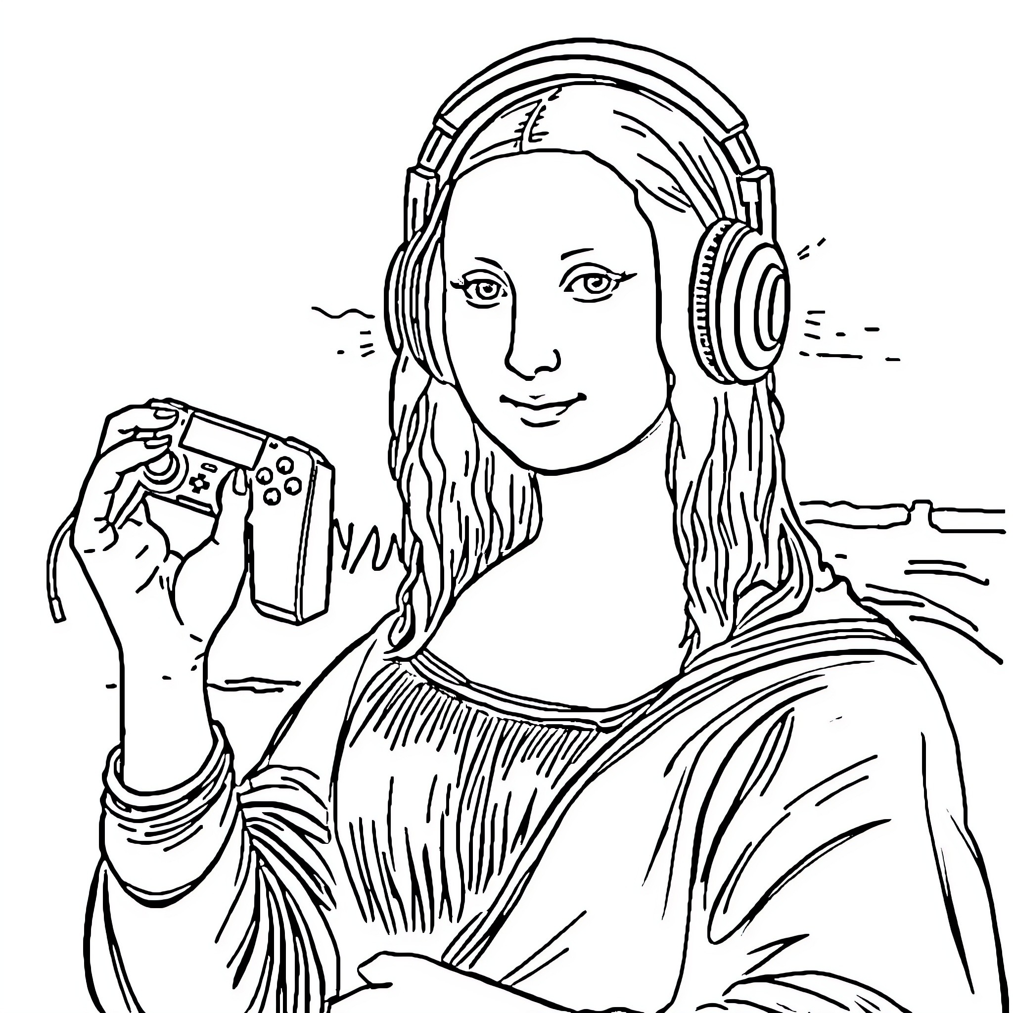 Mona Lisa playing video games with headphones Coloring Page (free black-and-white line drawing printable PDF for all, from beginners to advanced learners, including children, teens, adults, and seniors)