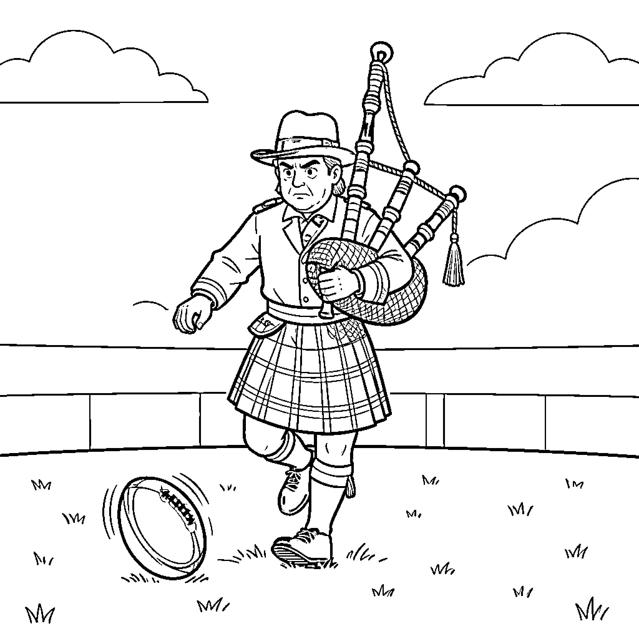 Bagpiper in traditional attire kicking a rugby ball Coloring Page (free black-and-white line drawing printable PDF for all, from beginners to advanced learners, including children, teens, adults, and seniors)