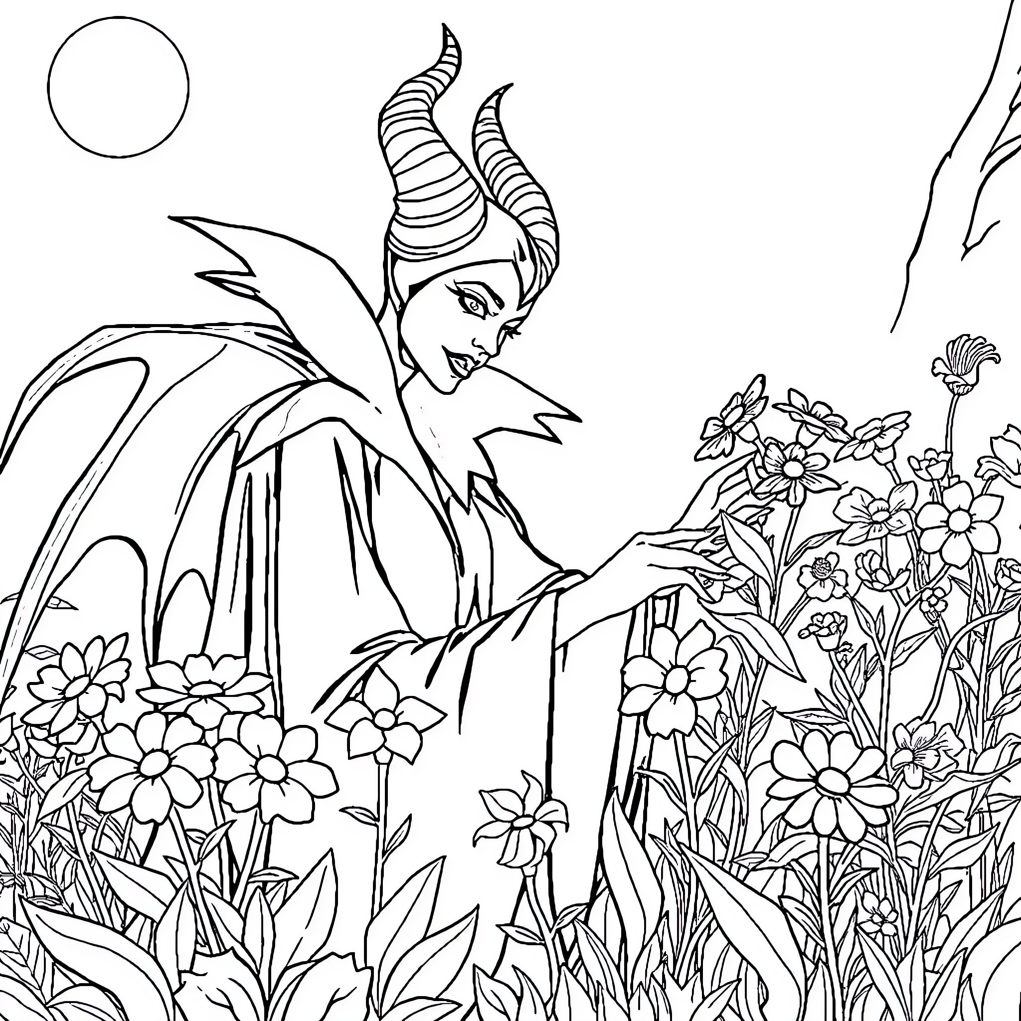 Maleficent's Enchanting Garden Coloring Page (free black-and-white line drawing printable PDF for all, from beginners to advanced learners, including children, teens, adults, and seniors)