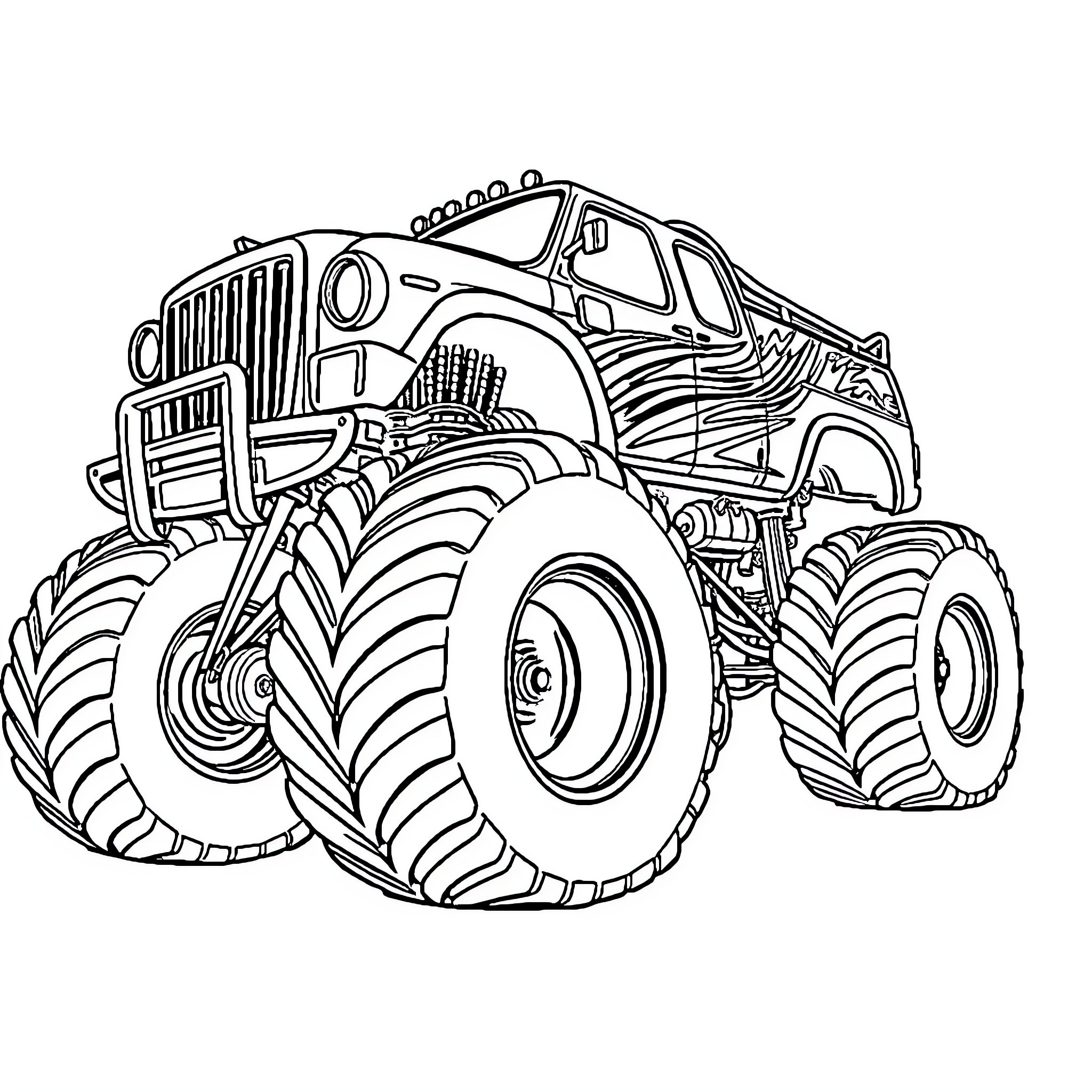 Monster Truck performing extreme maneuvers Coloring Page (free black-and-white line drawing printable PDF for all, from beginners to advanced learners, including children, teens, adults, and seniors)