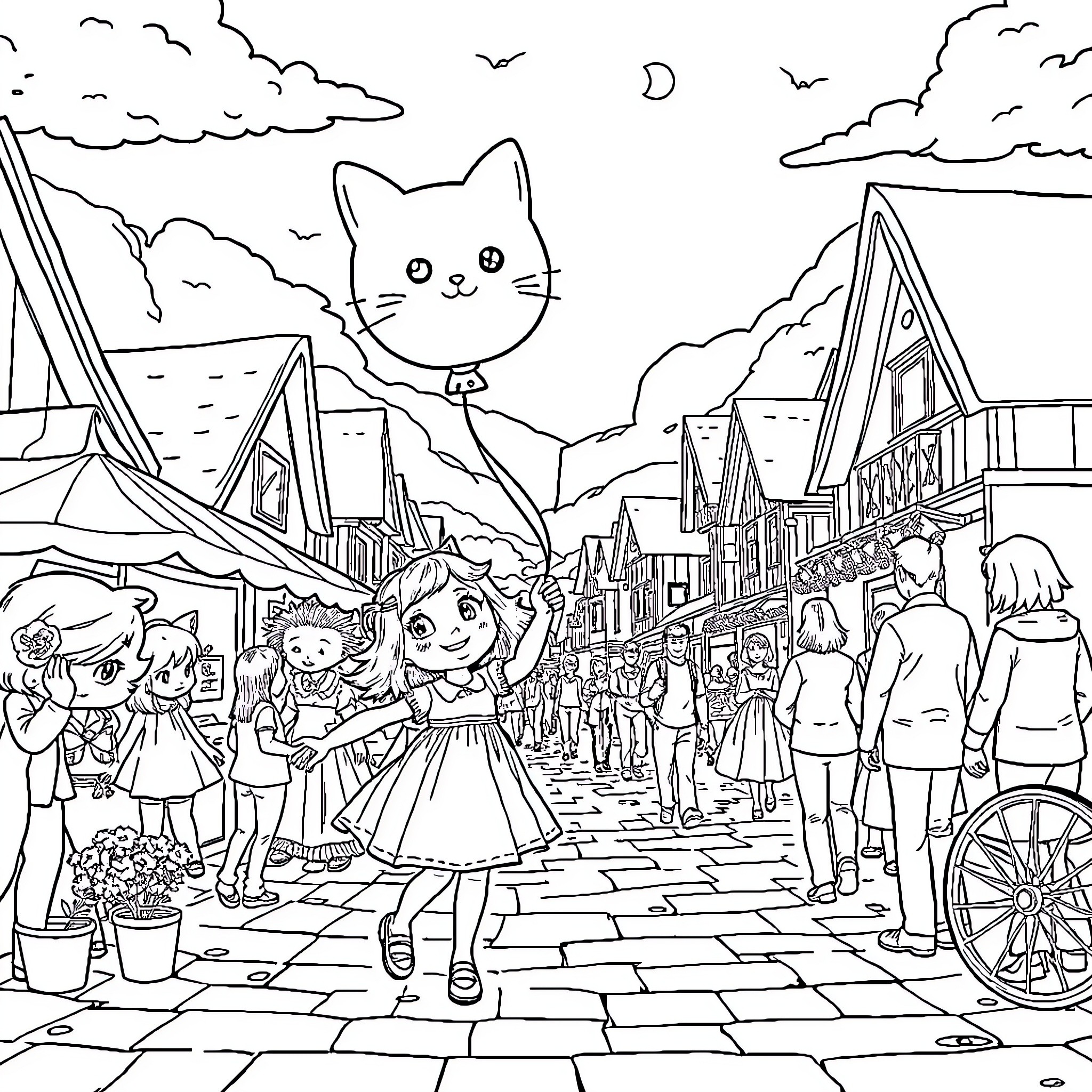 Girl strolling through a whimsical town with friends and a cat Coloring Page (free black-and-white line drawing printable PDF for all, from beginners to advanced learners, including children, teens, adults, and seniors)