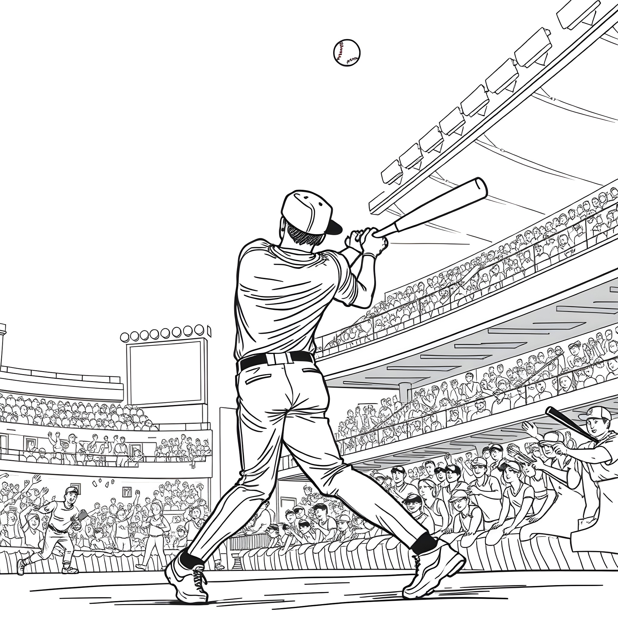 Baseball Player Batting in Crowded Stadium Coloring Page (free black-and-white line drawing printable PDF for all, from beginners to advanced learners, including children, teens, adults, and seniors)