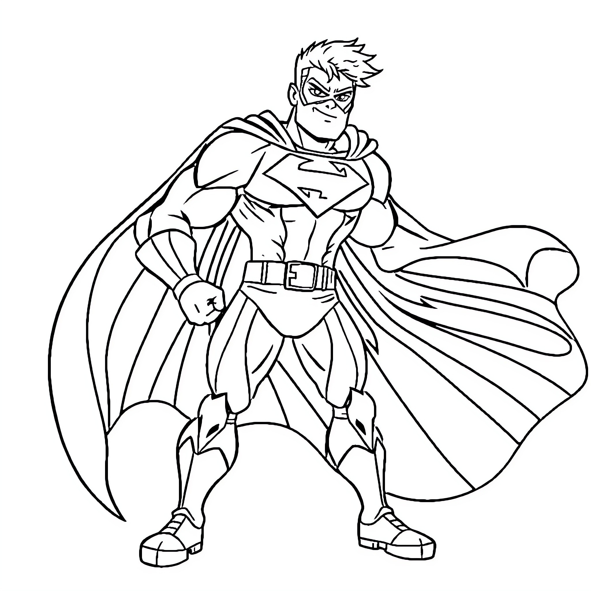 Super Hero in Heroic Pose with Flowing Cloak Coloring Page (free black-and-white line drawing printable PDF for all, from beginners to advanced learners, including children, teens, adults, and seniors)