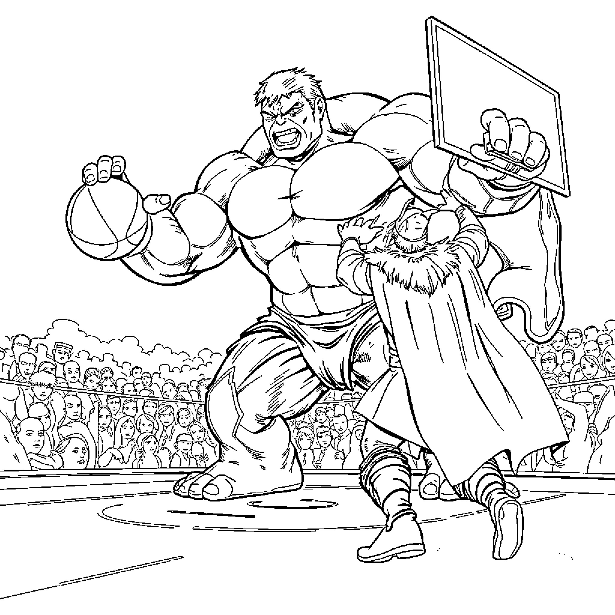 Hulk Dominates the Wrestling Arena Coloring Page (free black-and-white line drawing printable PDF for all, from beginners to advanced learners, including children, teens, adults, and seniors)