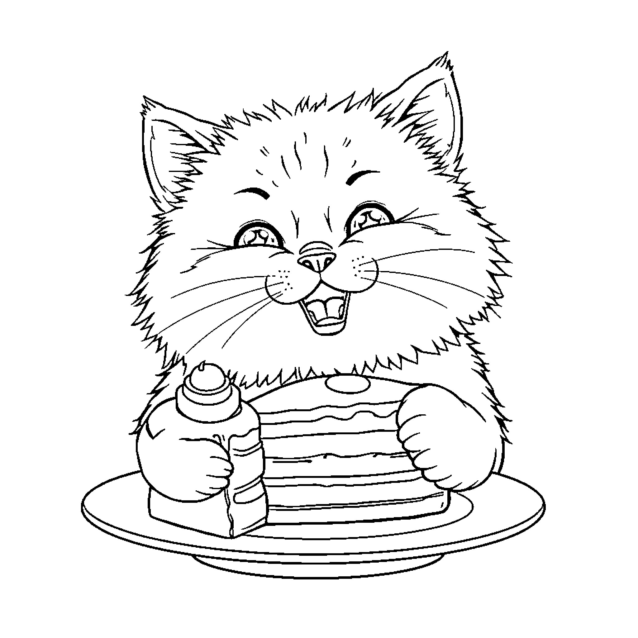 Cat enjoying a stack of pancakes Coloring Page (free black-and-white line drawing printable PDF for all, from beginners to advanced learners, including children, teens, adults, and seniors)