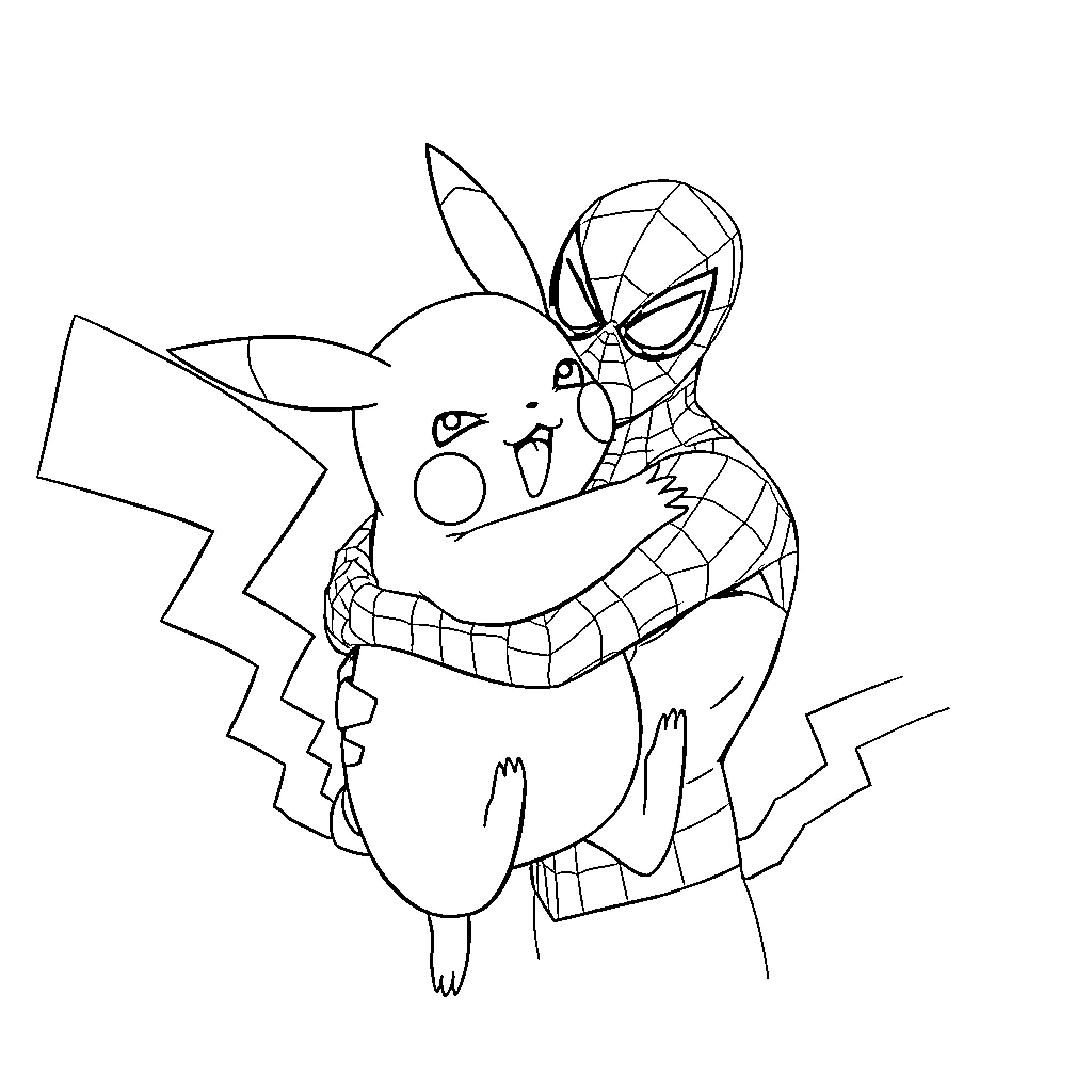 Pikachu being hugged by Spider-Man in a friendly embrace Coloring Page (free black-and-white line drawing printable PDF for all, from beginners to advanced learners, including children, teens, adults, and seniors)