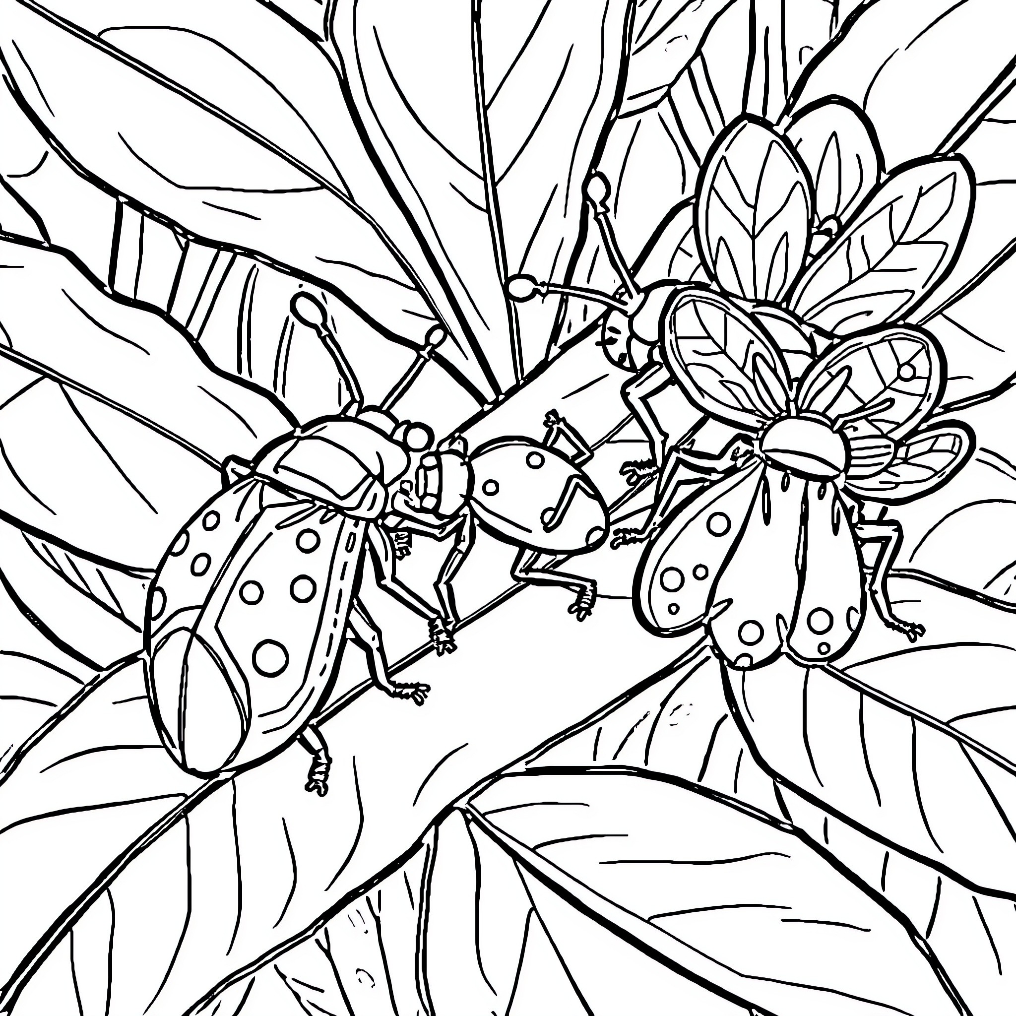 Bunny Beetles Exploring Lush Foliage Coloring Page (free black-and-white line drawing printable PDF for all, from beginners to advanced learners, including children, teens, adults, and seniors)