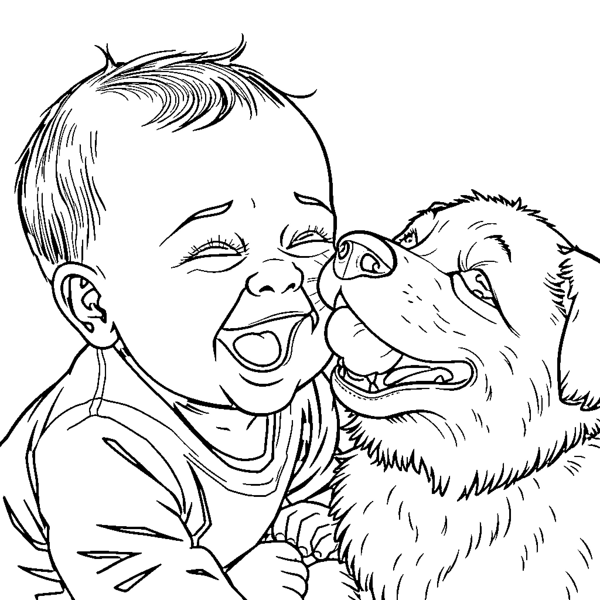 Baby playing joyfully with furry animal companion Coloring Page (free black-and-white line drawing printable PDF for all, from beginners to advanced learners, including children, teens, adults, and seniors)