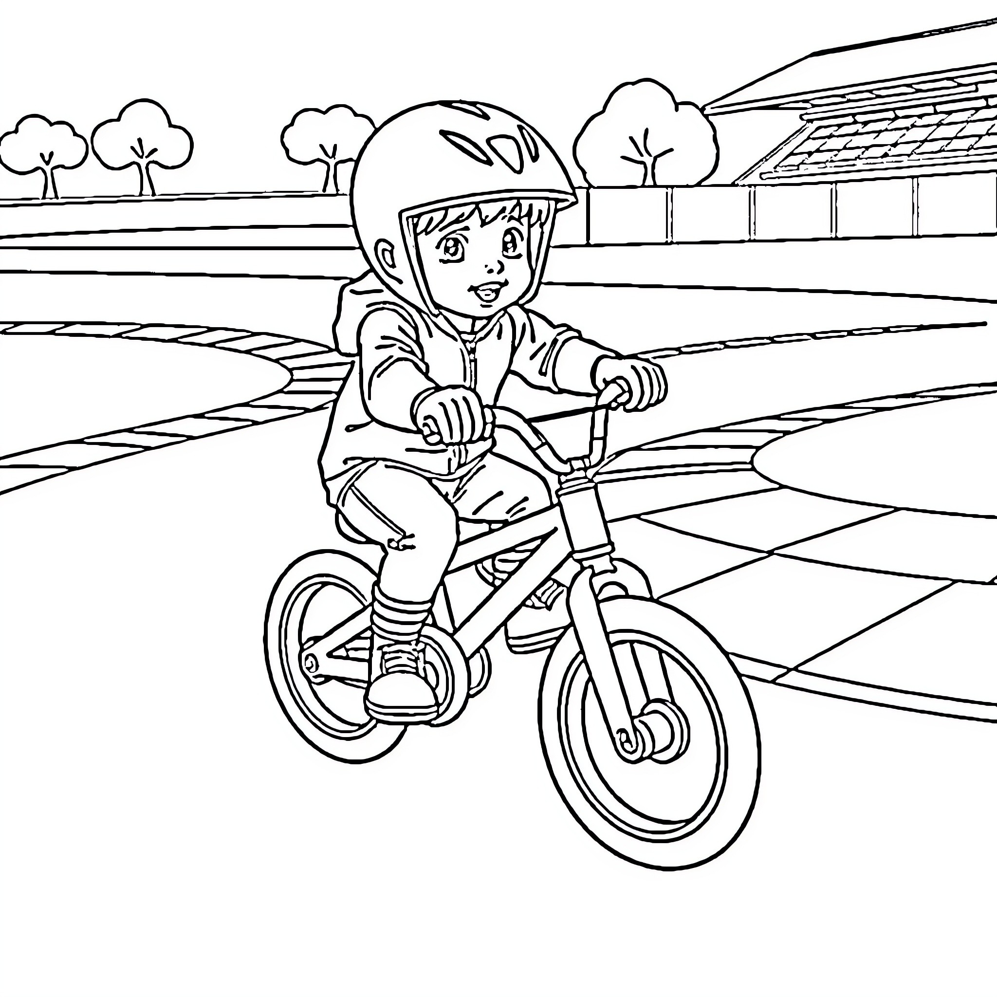 Toddler riding bicycle happily in the park Coloring Page (free black-and-white line drawing printable PDF for all, from beginners to advanced learners, including children, teens, adults, and seniors)