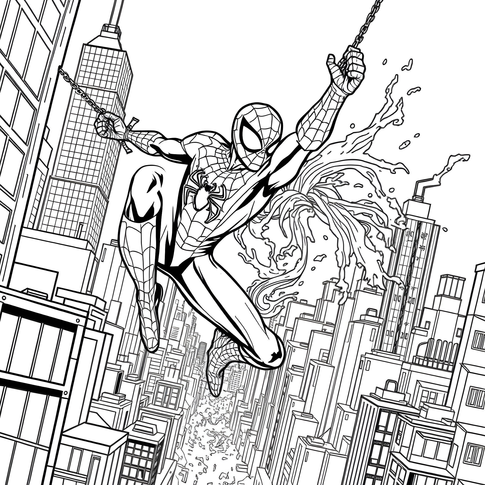 Spiderman swinging through the city skyline Coloring Page (free black-and-white line drawing printable PDF for all, from beginners to advanced learners, including children, teens, adults, and seniors)