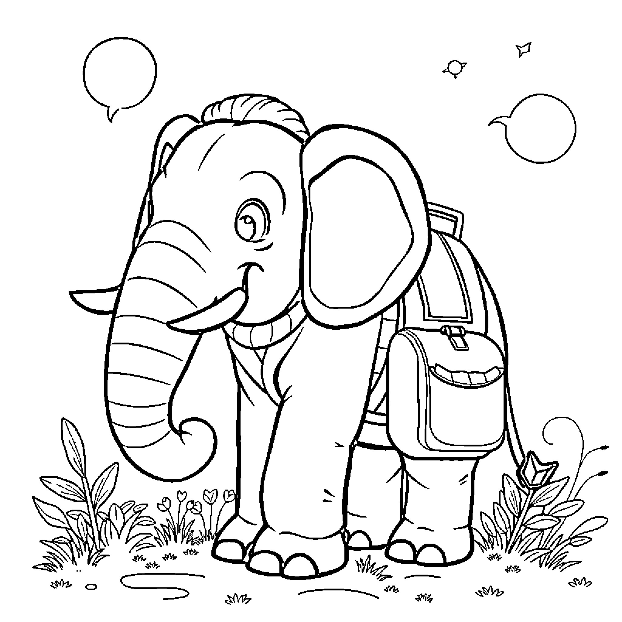 Elephant with backpack exploring nature Coloring Page (free black-and-white line drawing printable PDF for all, from beginners to advanced learners, including children, teens, adults, and seniors)