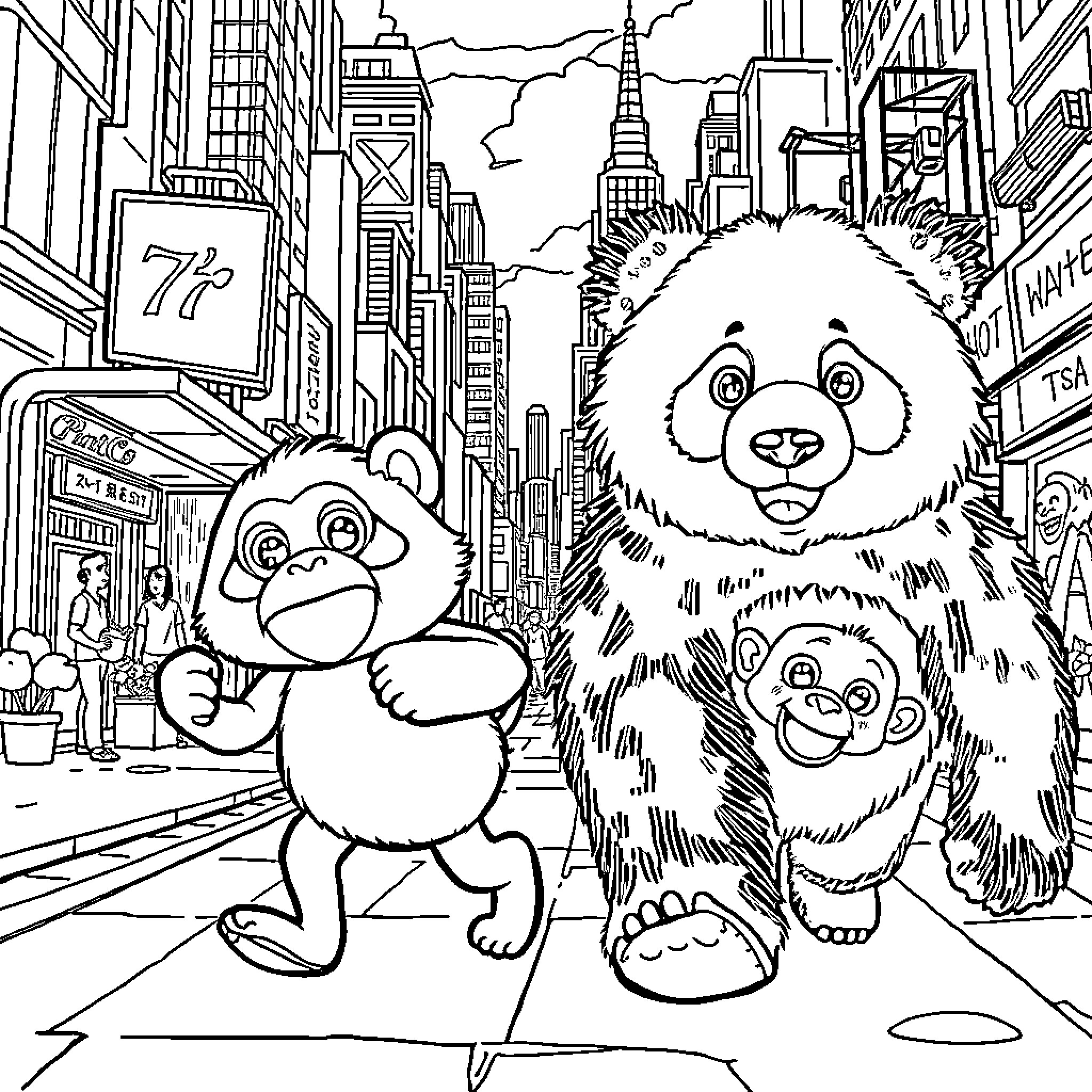 Pandas exploring bustling city landscape Coloring Page (free black-and-white line drawing printable PDF for all, from beginners to advanced learners, including children, teens, adults, and seniors)