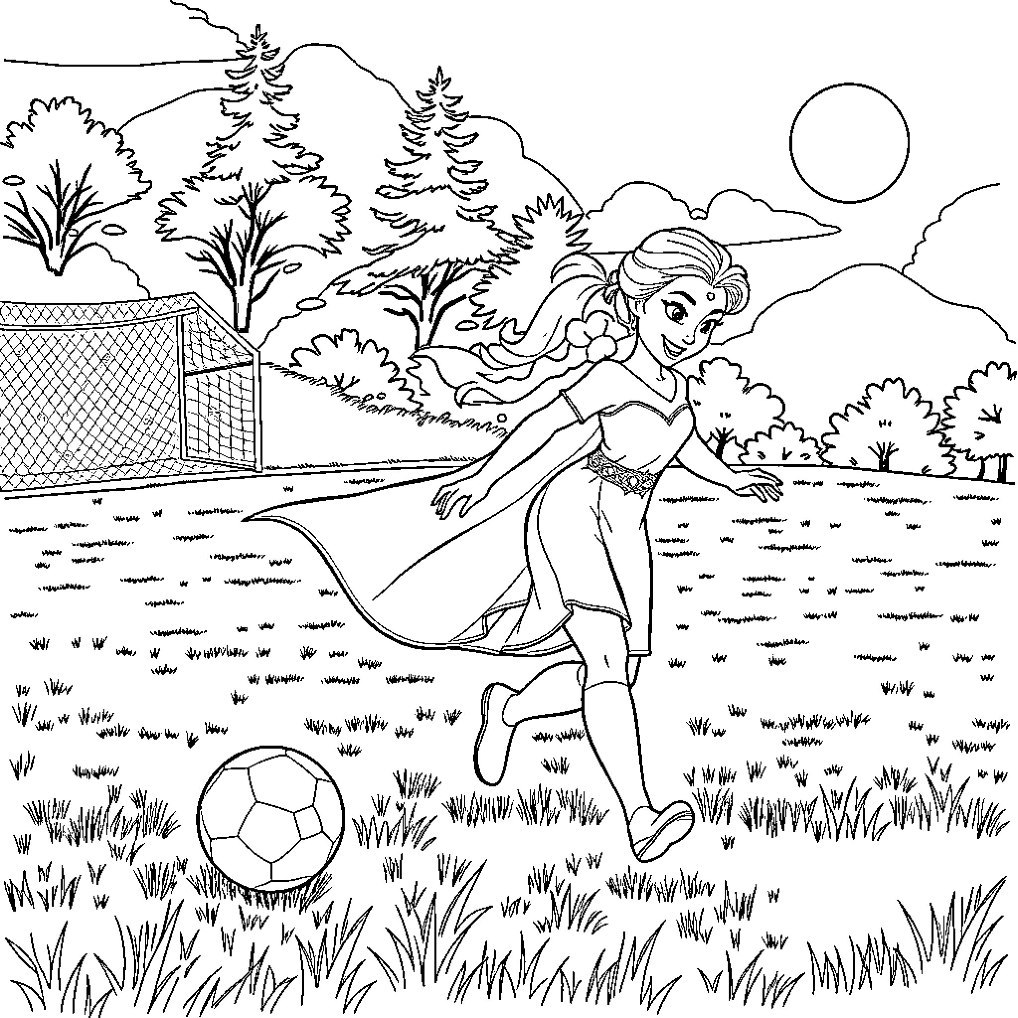 Elsa playing joyfully with a soccer ball in the park Coloring Page (free black-and-white line drawing printable PDF for all, from beginners to advanced learners, including children, teens, adults, and seniors)