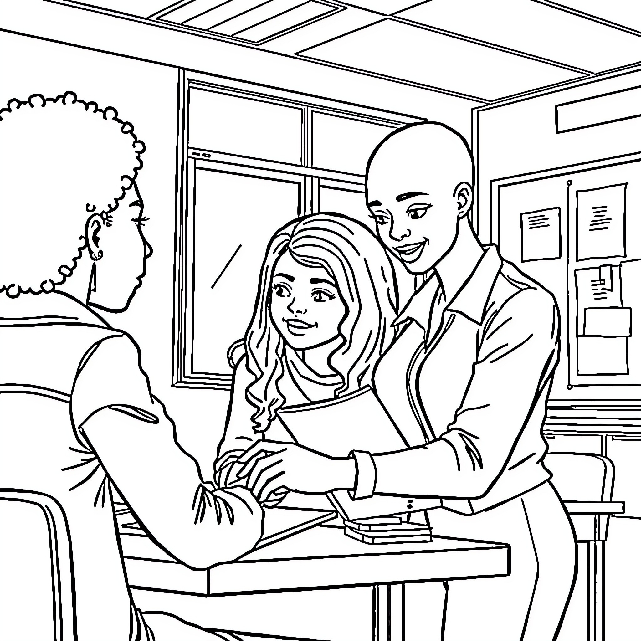 Teacher assisting student in classroom Coloring Page (free black-and-white line drawing printable PDF for all, from beginners to advanced learners, including children, teens, adults, and seniors)