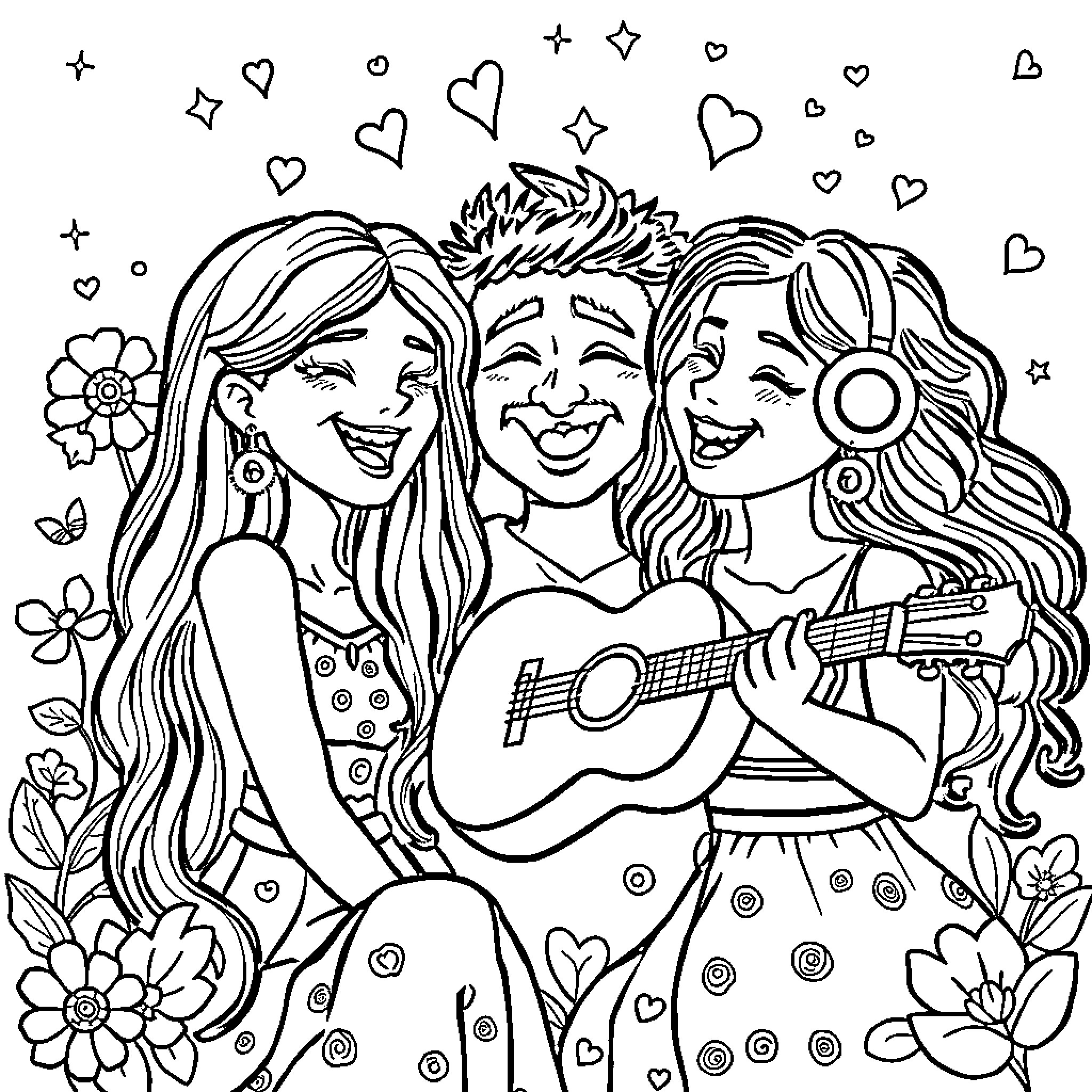 Vowels Sing and Play Guitar Joyfully Coloring Page (free black-and-white line drawing printable PDF for all, from beginners to advanced learners, including children, teens, adults, and seniors)