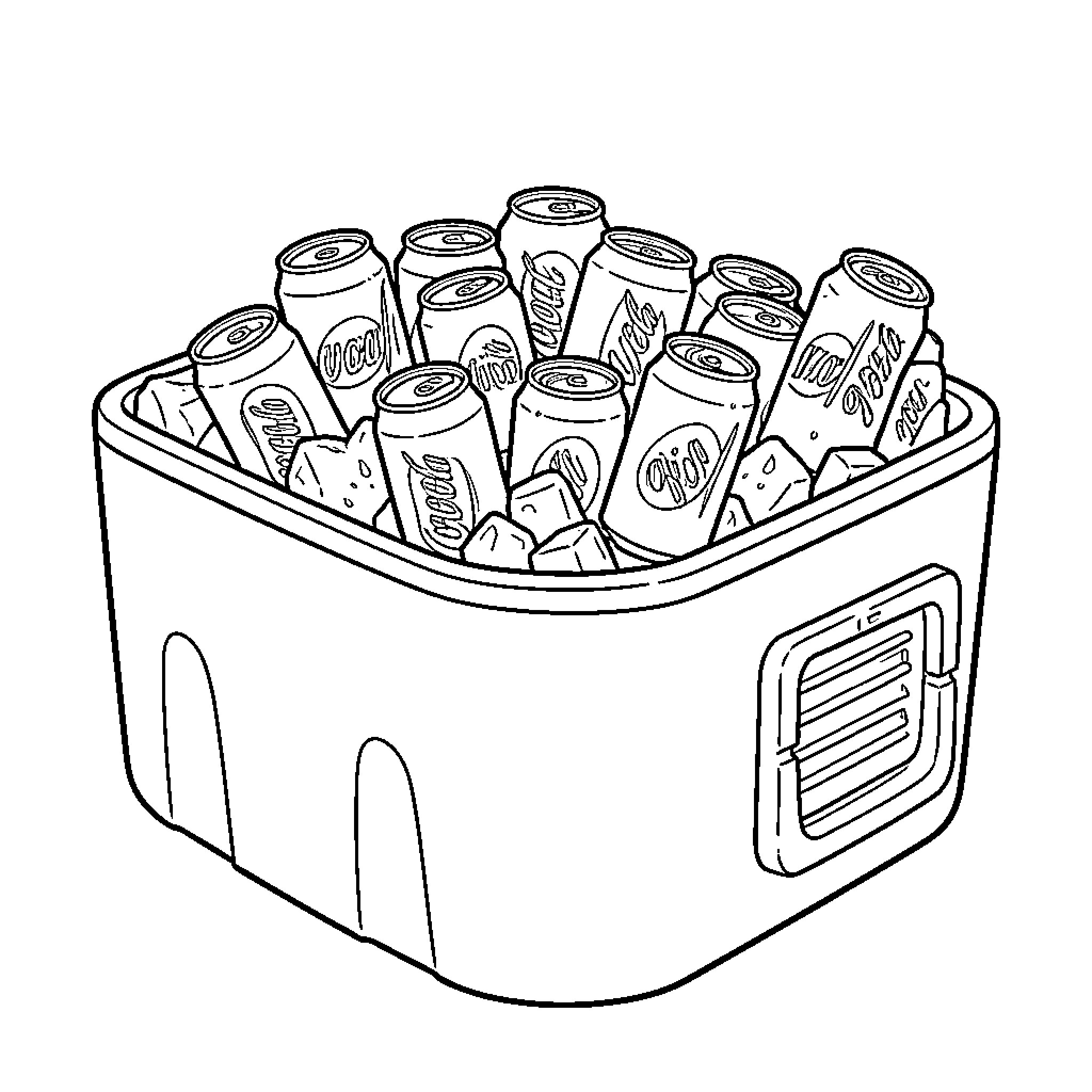Cooler filled with various soda cans and ice cubes Coloring Page (free black-and-white line drawing printable PDF for all, from beginners to advanced learners, including children, teens, adults, and seniors)