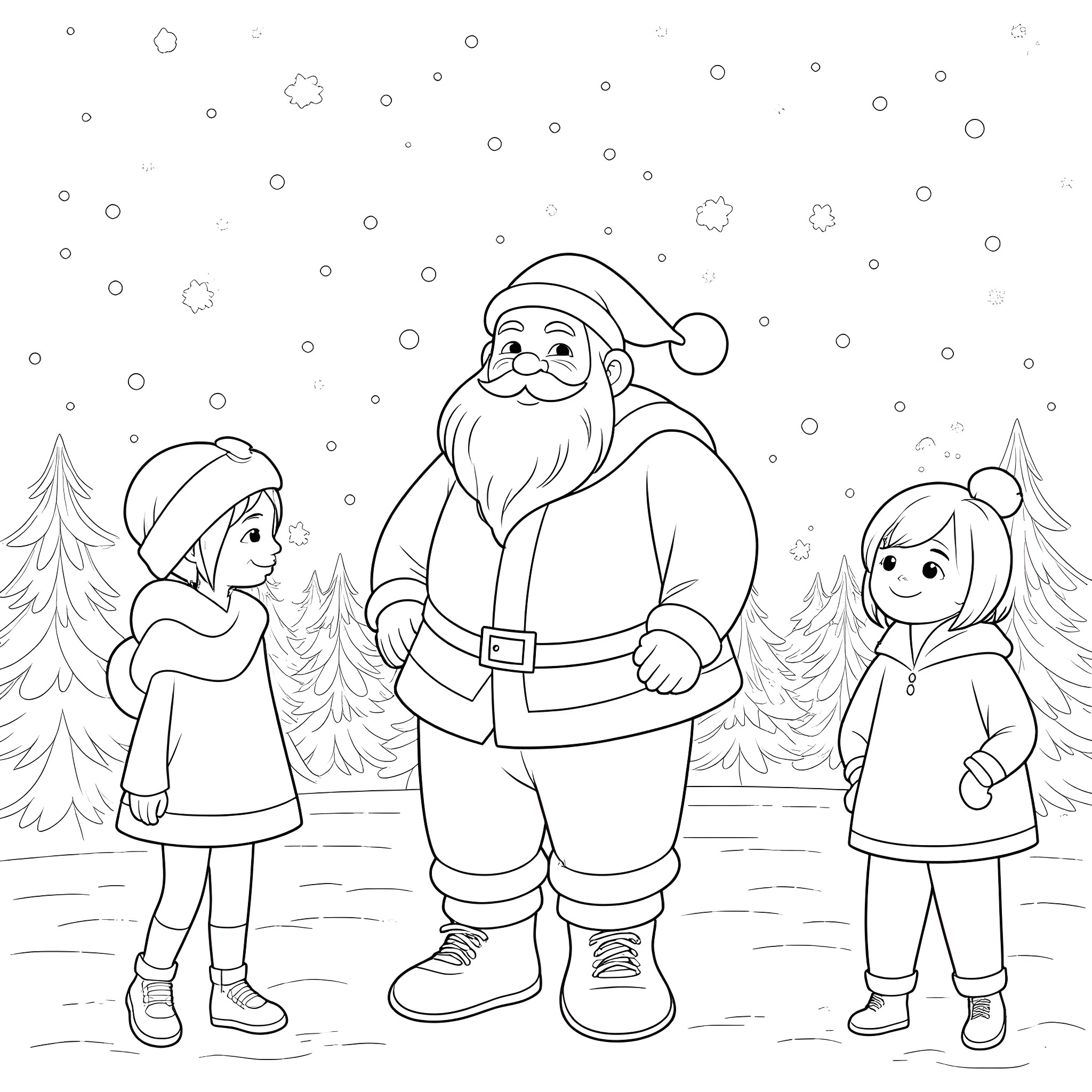 Santa Claus with children playing in the snowy winter wonderland Coloring Page (free black-and-white line drawing printable PDF for all, from beginners to advanced learners, including children, teens, adults, and seniors)