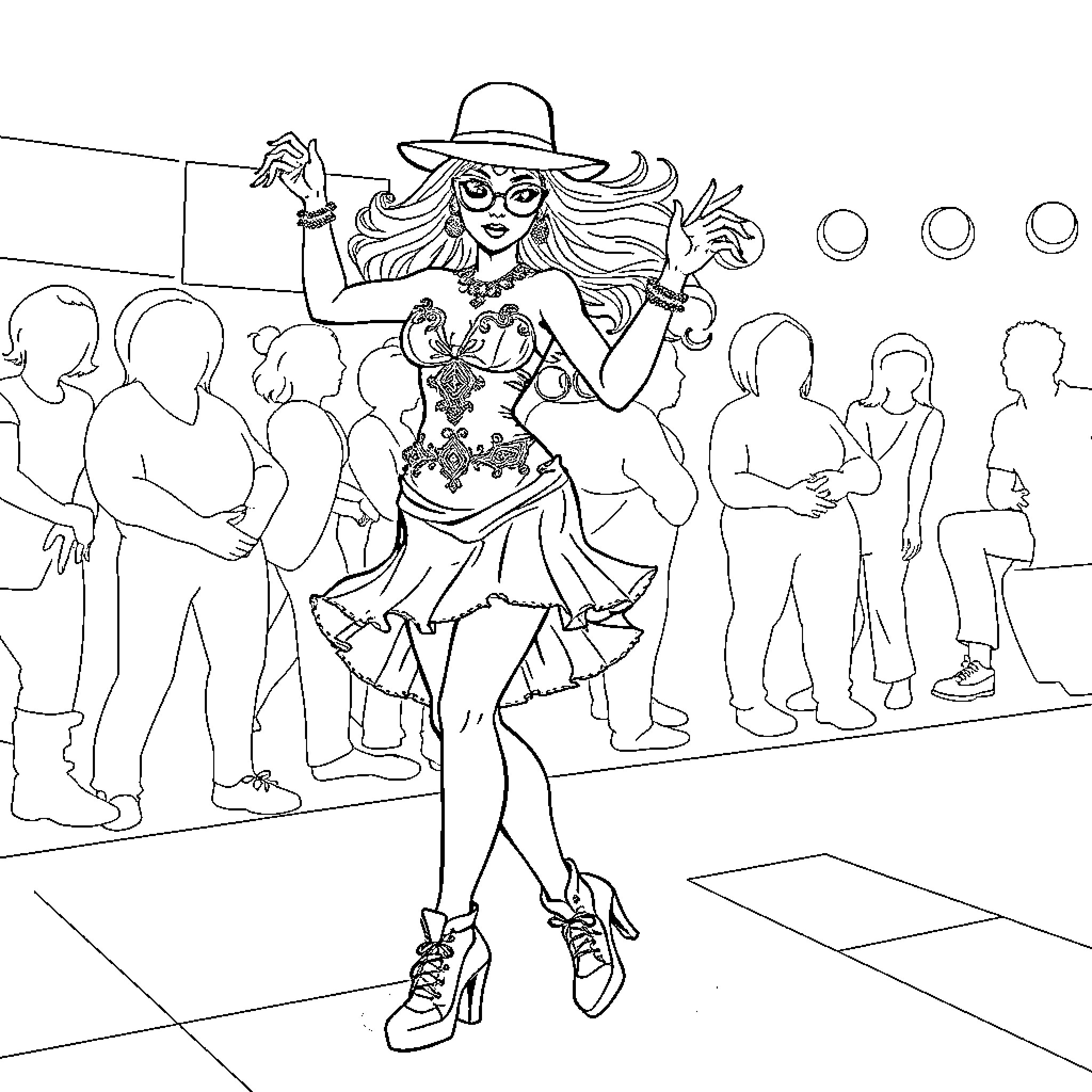 Cenicienta's Lively Performance on Stage Coloring Page (free black-and-white line drawing printable PDF for all, from beginners to advanced learners, including children, teens, adults, and seniors)