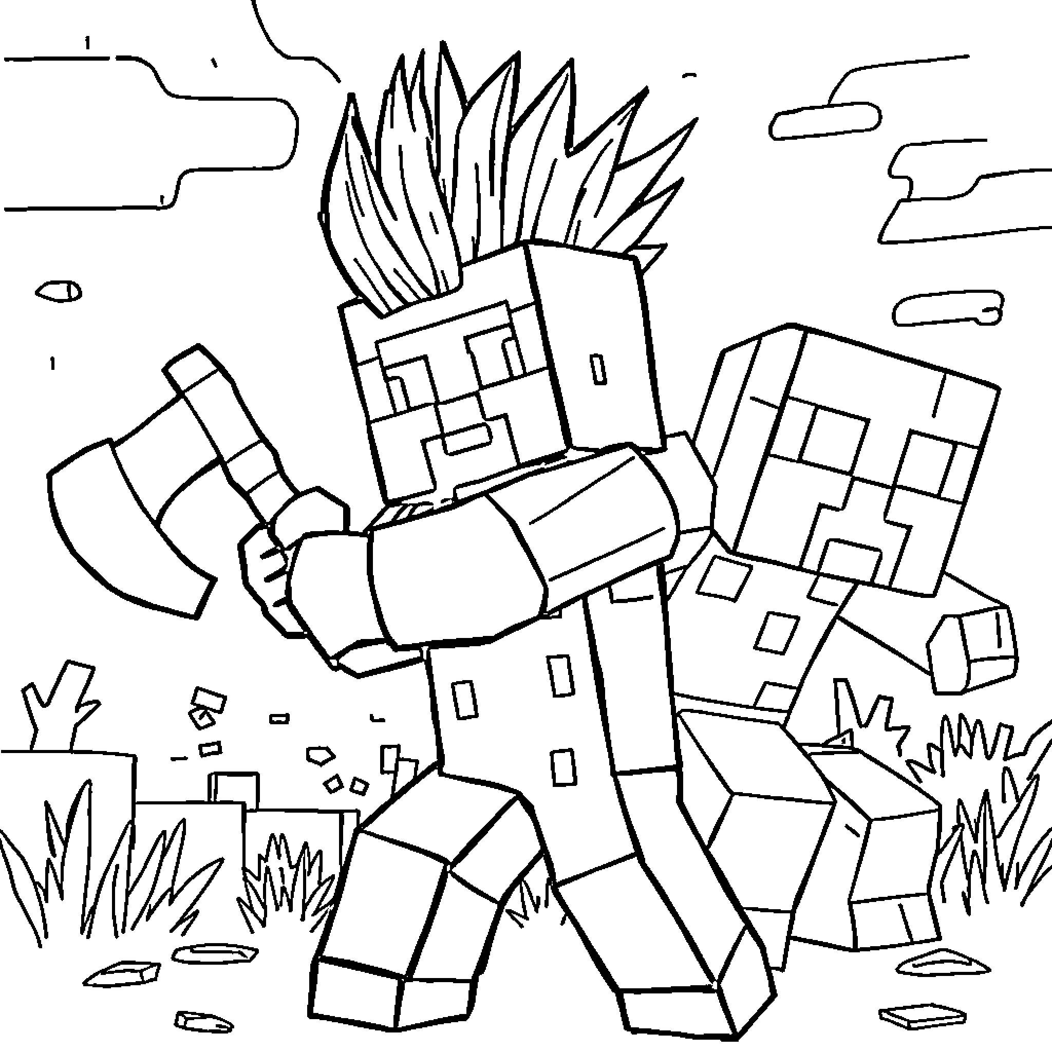 Minecraft Character wielding a weapon in nature Coloring Page (free black-and-white line drawing printable PDF for all, from beginners to advanced learners, including children, teens, adults, and seniors)