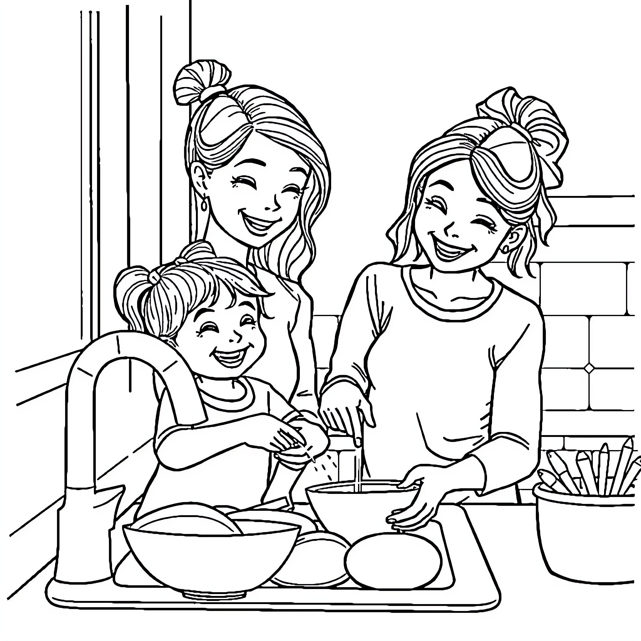 Mother and children baking together in the kitchen Coloring Page (free black-and-white line drawing printable PDF for all, from beginners to advanced learners, including children, teens, adults, and seniors)