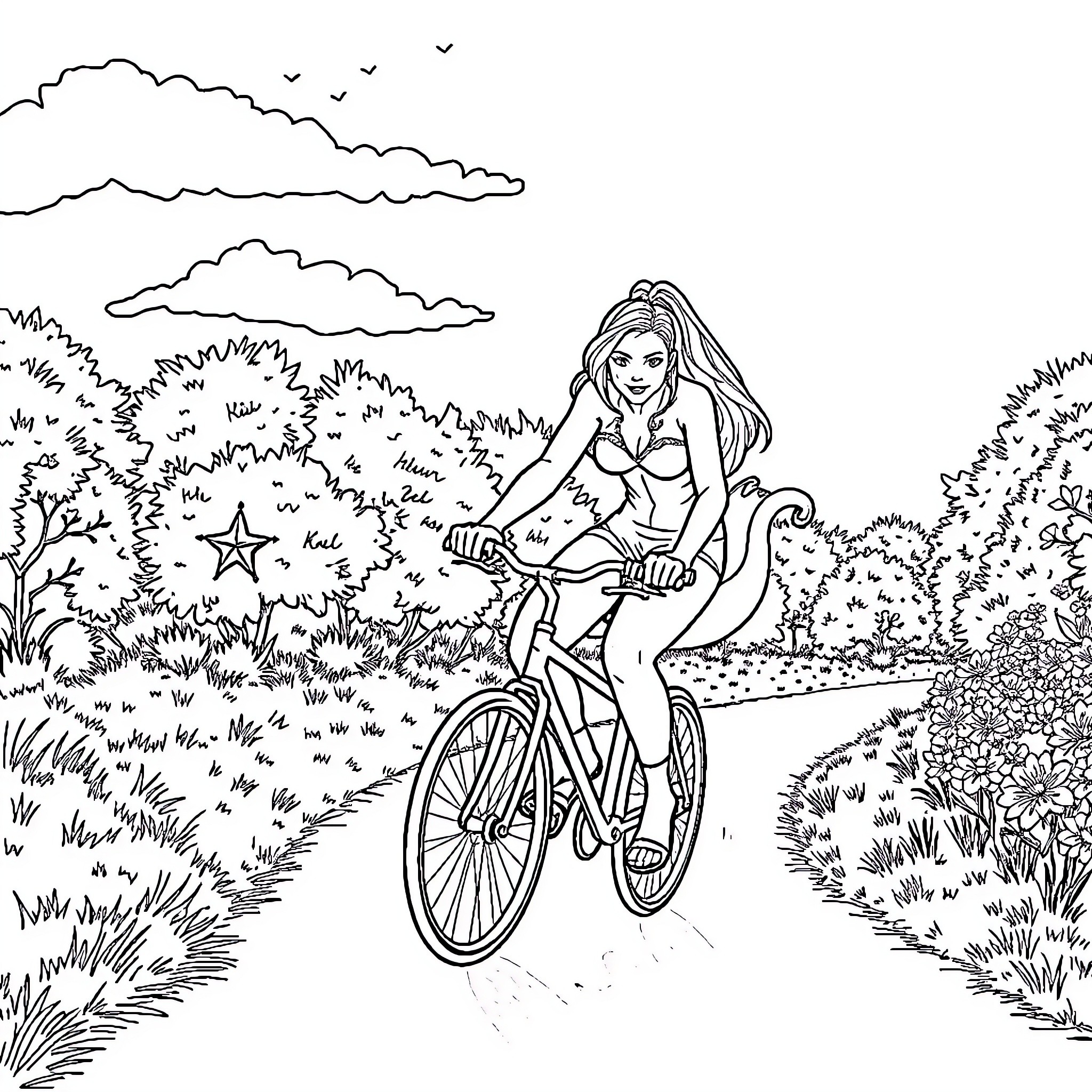 Sirène riding a bicycle through a whimsical landscape Coloring Page (free black-and-white line drawing printable PDF for all, from beginners to advanced learners, including children, teens, adults, and seniors)
