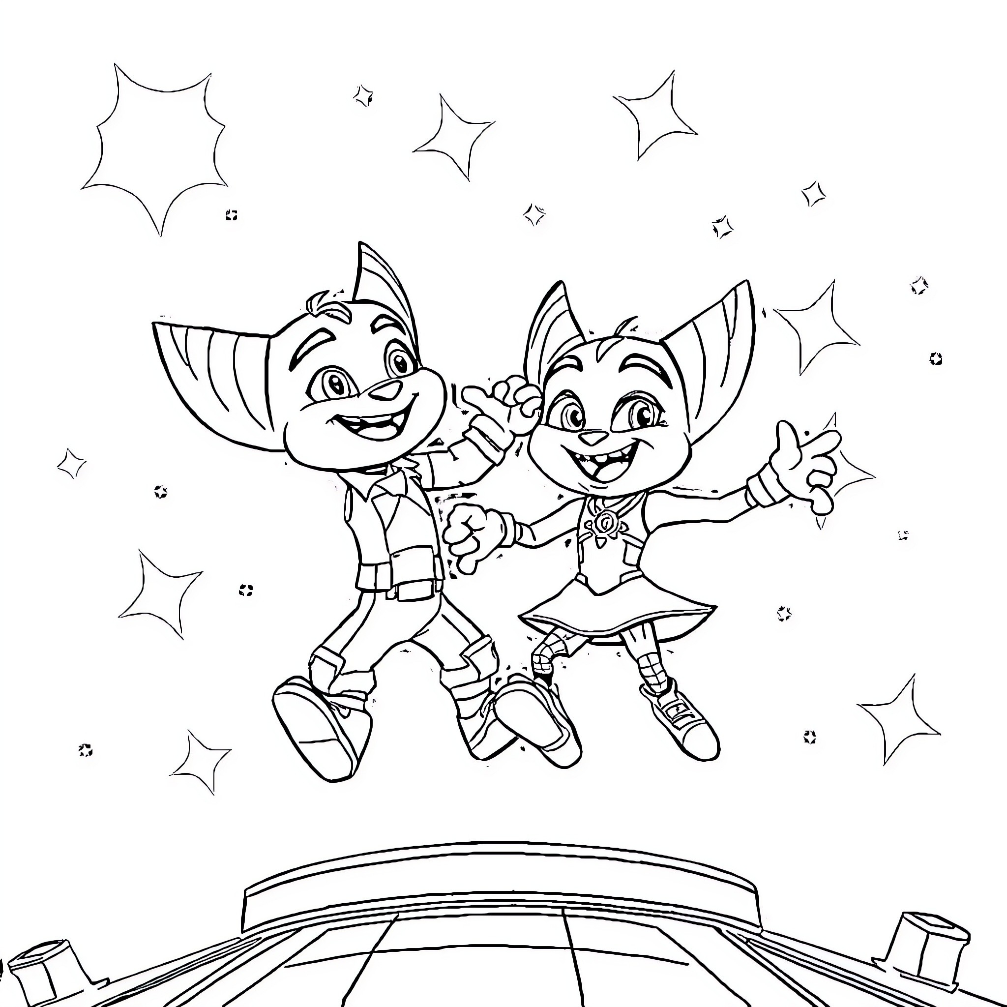 Ratchet and Clank's Playful Adventure Coloring Page (free black-and-white line drawing printable PDF for all, from beginners to advanced learners, including children, teens, adults, and seniors)