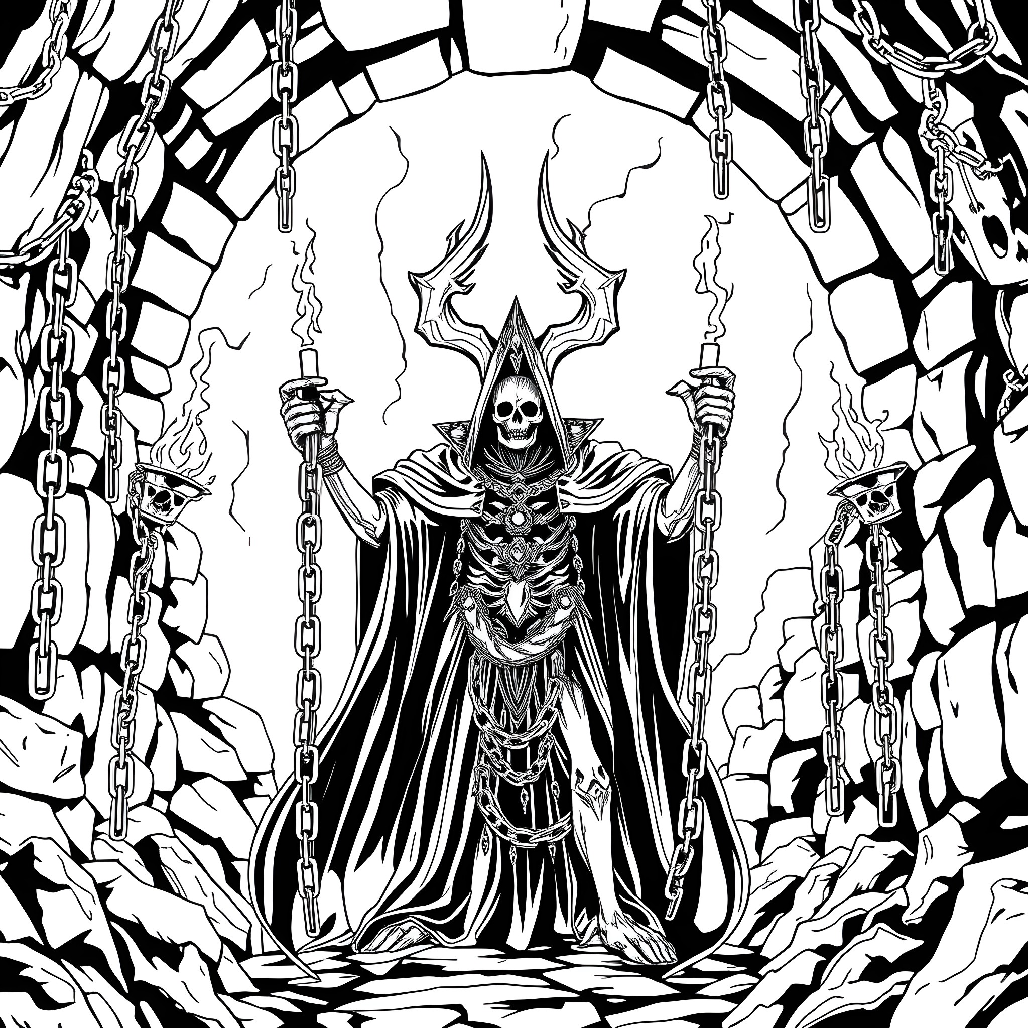 Erebos: The Skeletal Reaper's Ominous Dominion Coloring Page (free black-and-white line drawing printable PDF for all, from beginners to advanced learners, including children, teens, adults, and seniors)