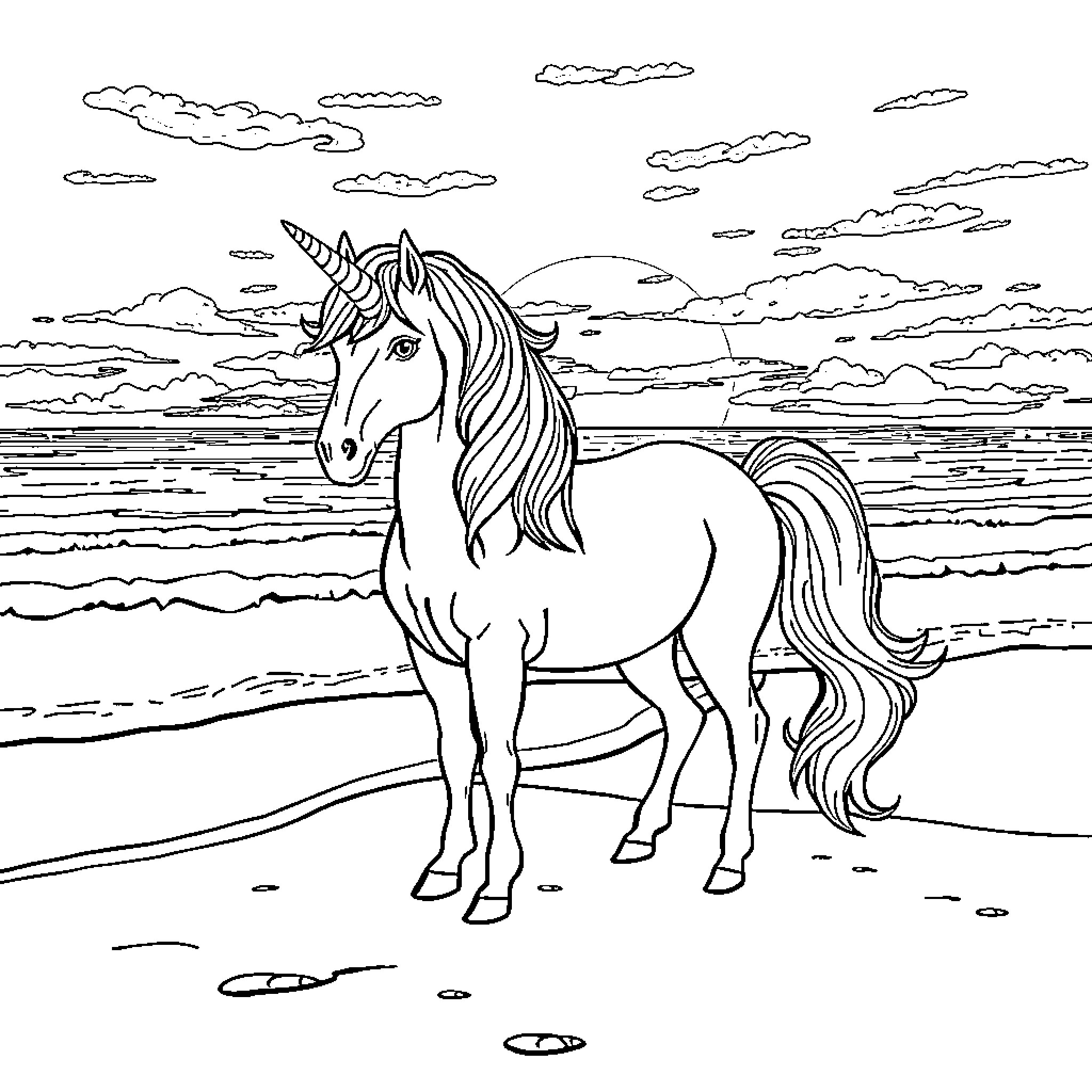 Unicorn standing on the beach at sunset Coloring Page (free black-and-white line drawing printable PDF for all, from beginners to advanced learners, including children, teens, adults, and seniors)