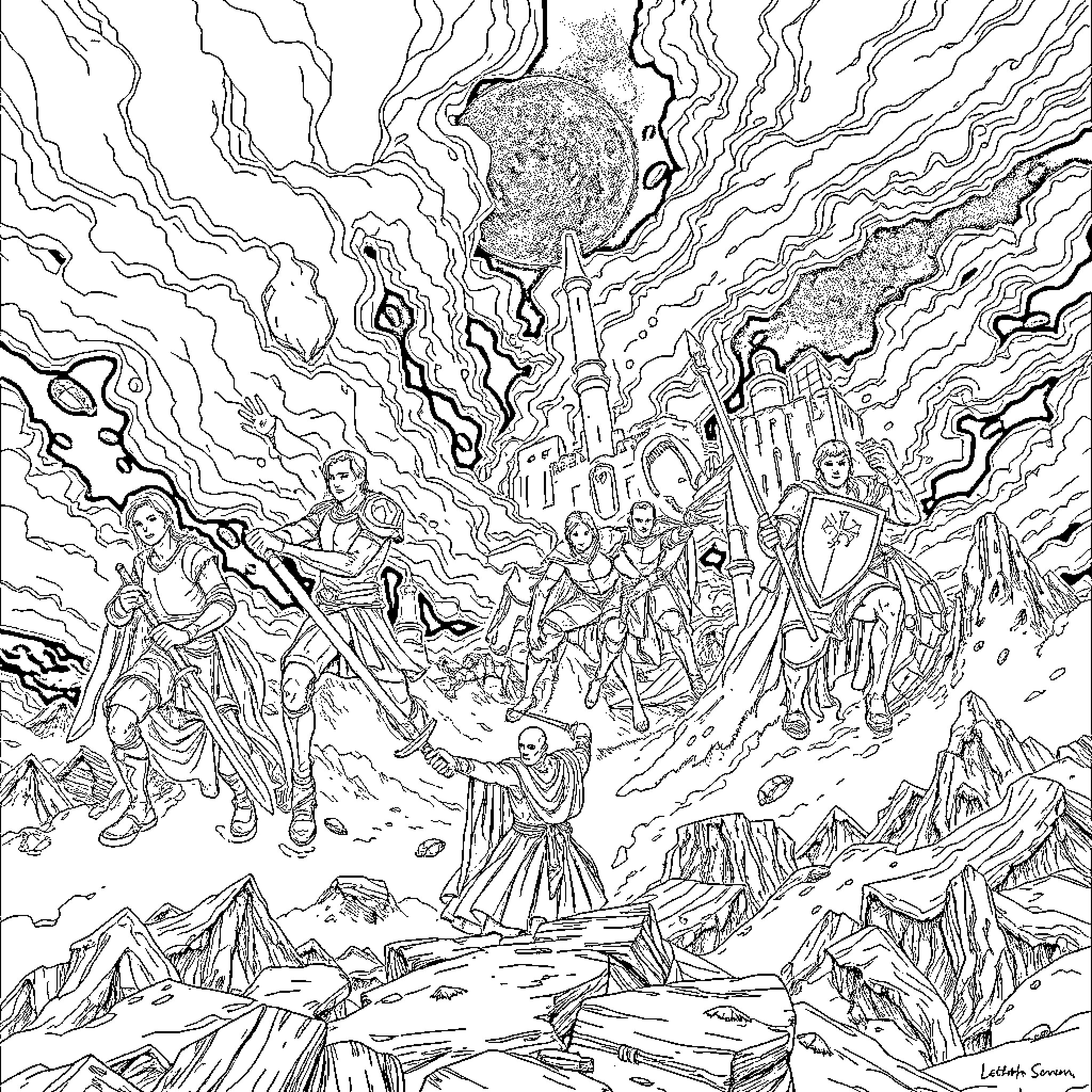 Stormlight Archive: Epic Battle in a Fantastical Landscape Coloring Page (free black-and-white line drawing printable PDF for all, from beginners to advanced learners, including children, teens, adults, and seniors)