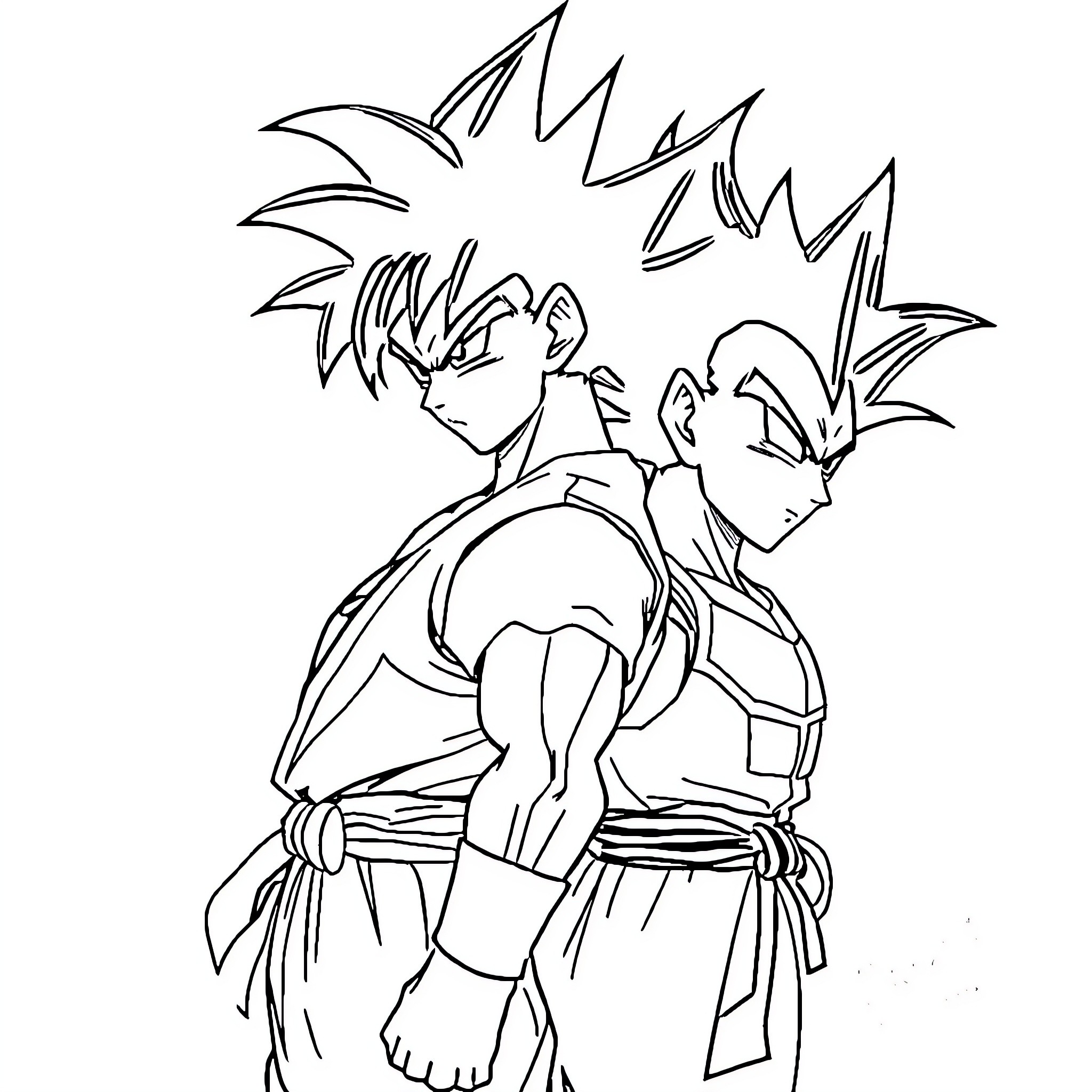 Son Goku in fighting stance with intense expression Coloring Page (free black-and-white line drawing printable PDF for all, from beginners to advanced learners, including children, teens, adults, and seniors)