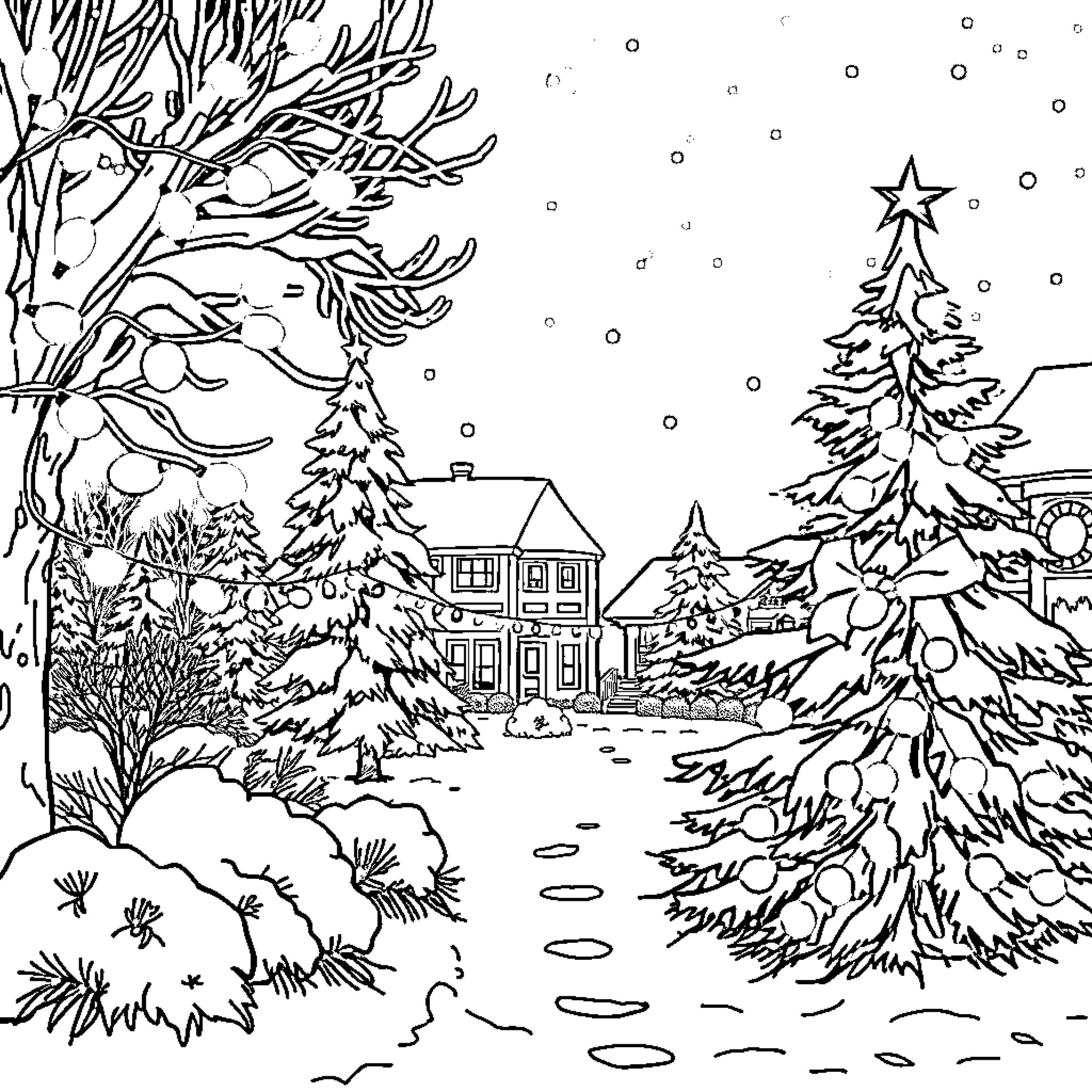 Christmas snow-covered village landscape Coloring Page (free black-and-white line drawing printable PDF for all, from beginners to advanced learners, including children, teens, adults, and seniors)
