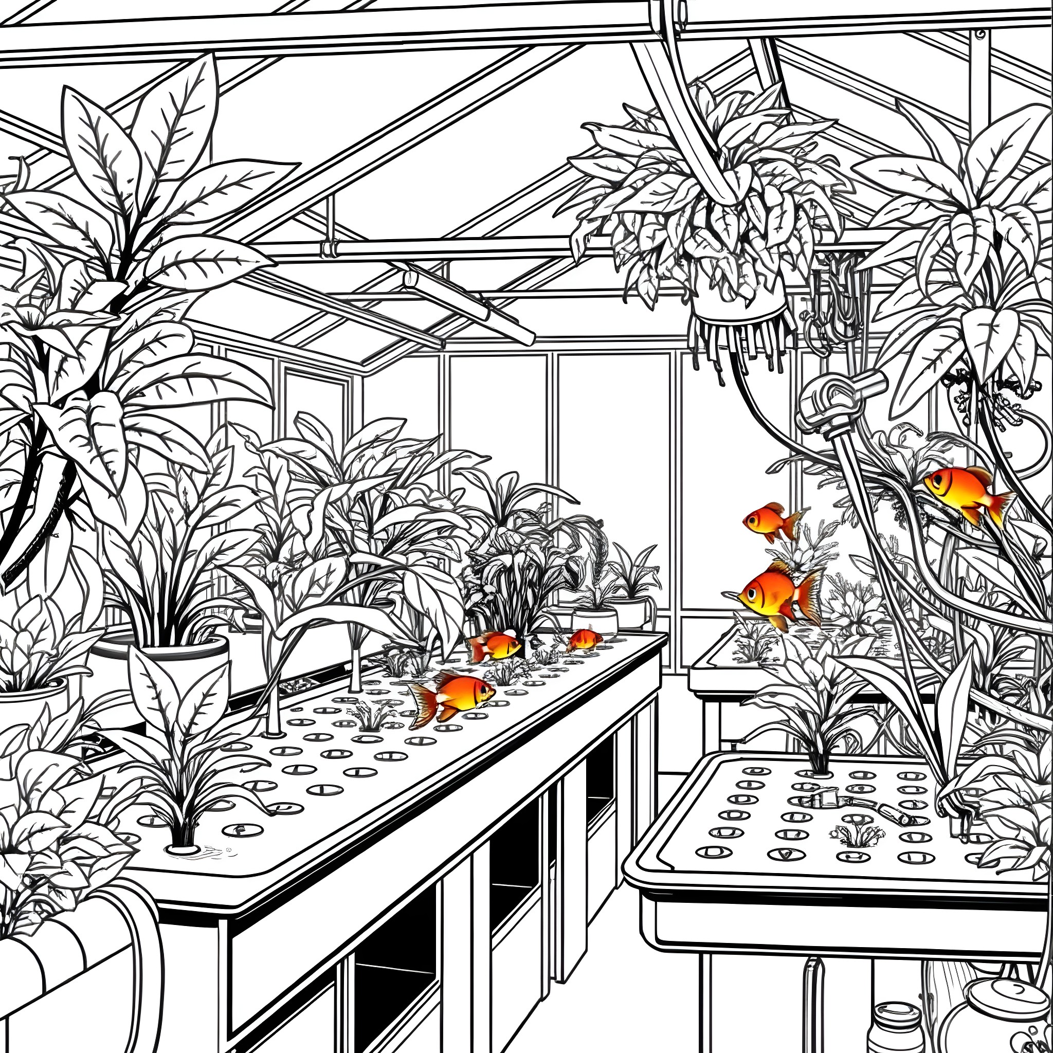 Aquaponics greenhouse with lush greenery and fish Coloring Page (free black-and-white line drawing printable PDF for all, from beginners to advanced learners, including children, teens, adults, and seniors)
