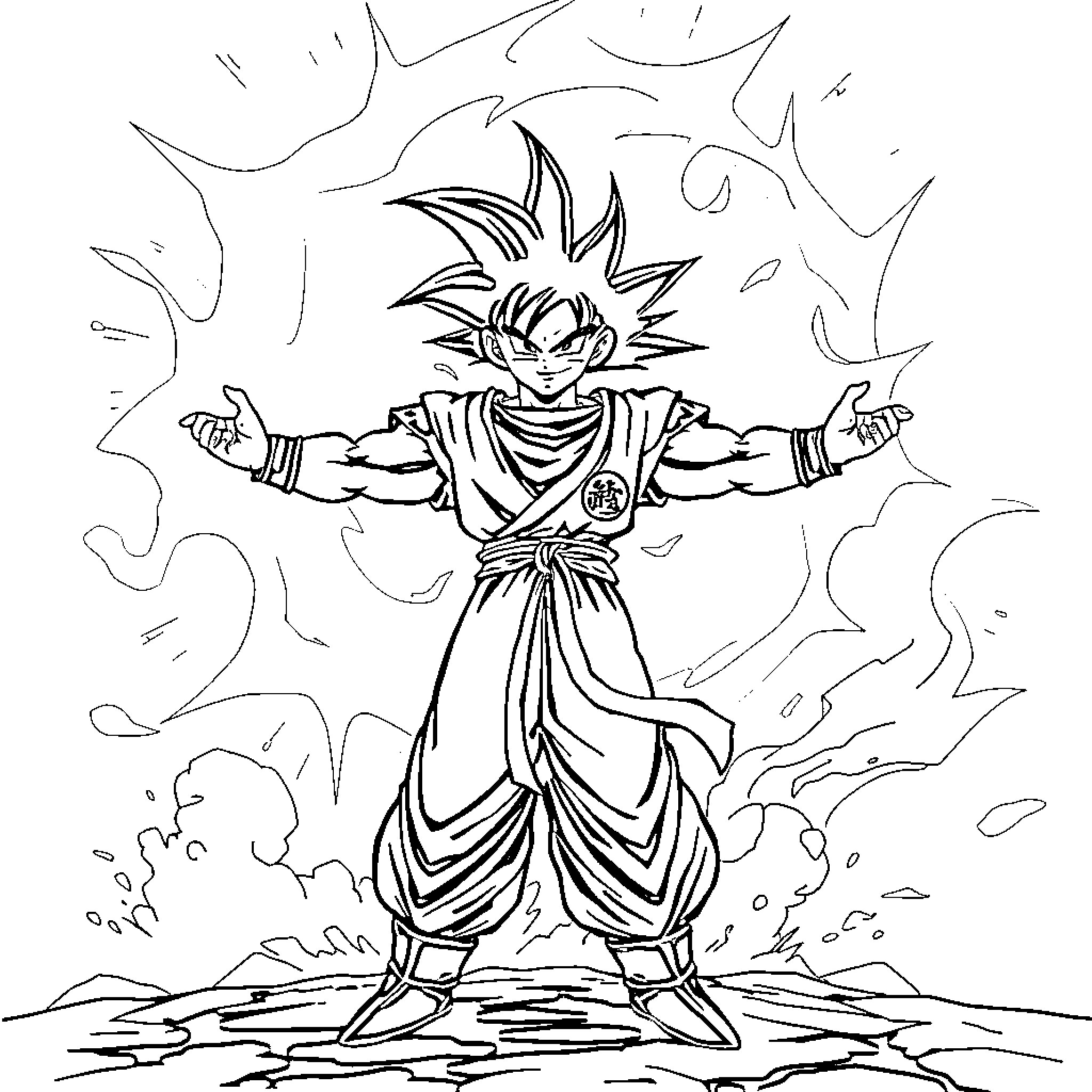 Goku unleashing powerful energy in dramatic pose Coloring Page (free black-and-white line drawing printable PDF for all, from beginners to advanced learners, including children, teens, adults, and seniors)