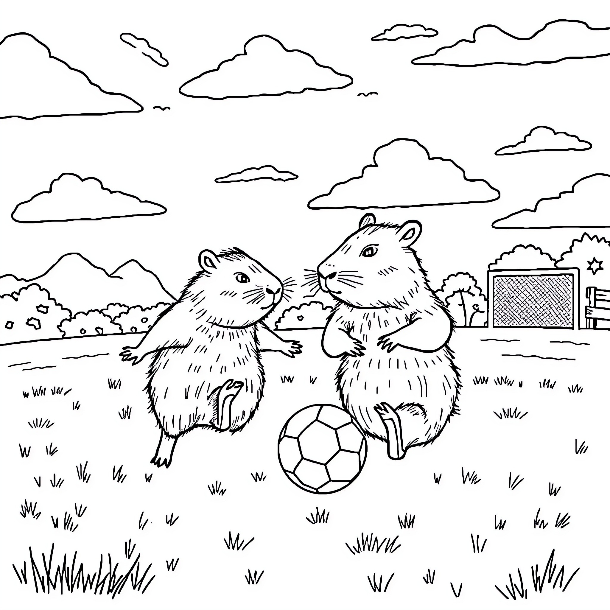 Capybara playing with a ball in a grassy field Coloring Page (free black-and-white line drawing printable PDF for all, from beginners to advanced learners, including children, teens, adults, and seniors)