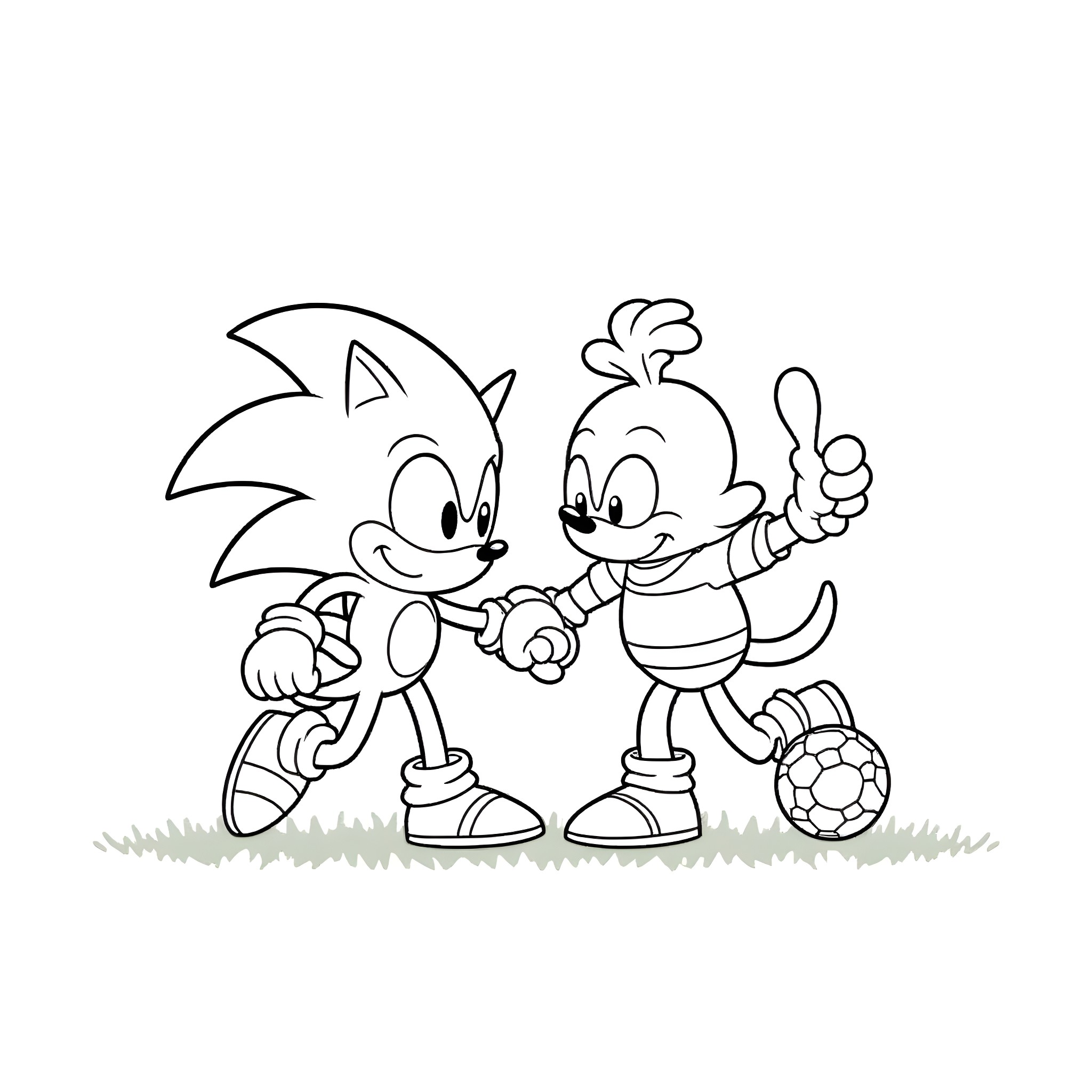 Sonic and friend enjoying a game of soccer Coloring Page (free black-and-white line drawing printable PDF for all, from beginners to advanced learners, including children, teens, adults, and seniors)