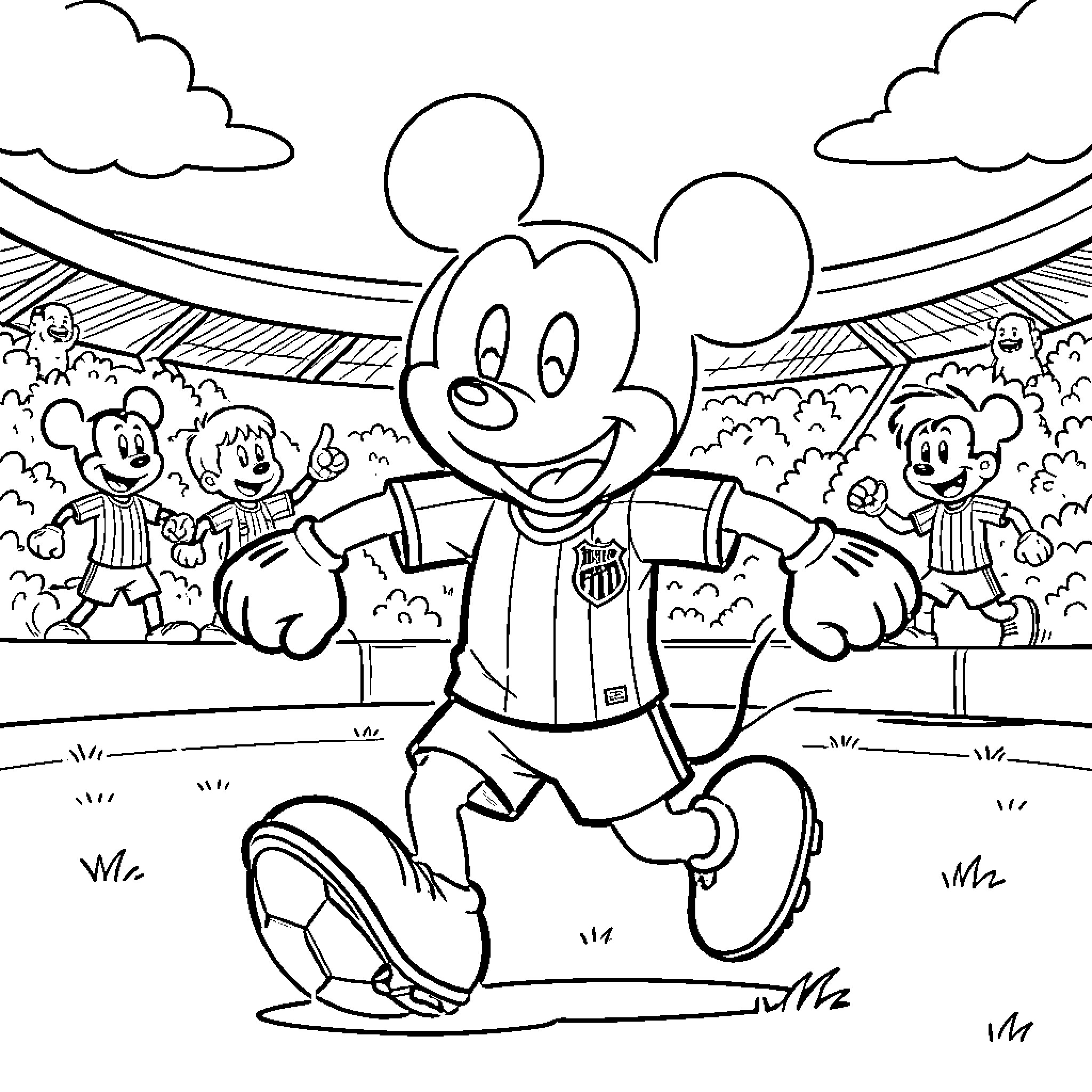 Mickey Mouse playing joyfully in sports stadium Coloring Page (free black-and-white line drawing printable PDF for all, from beginners to advanced learners, including children, teens, adults, and seniors)