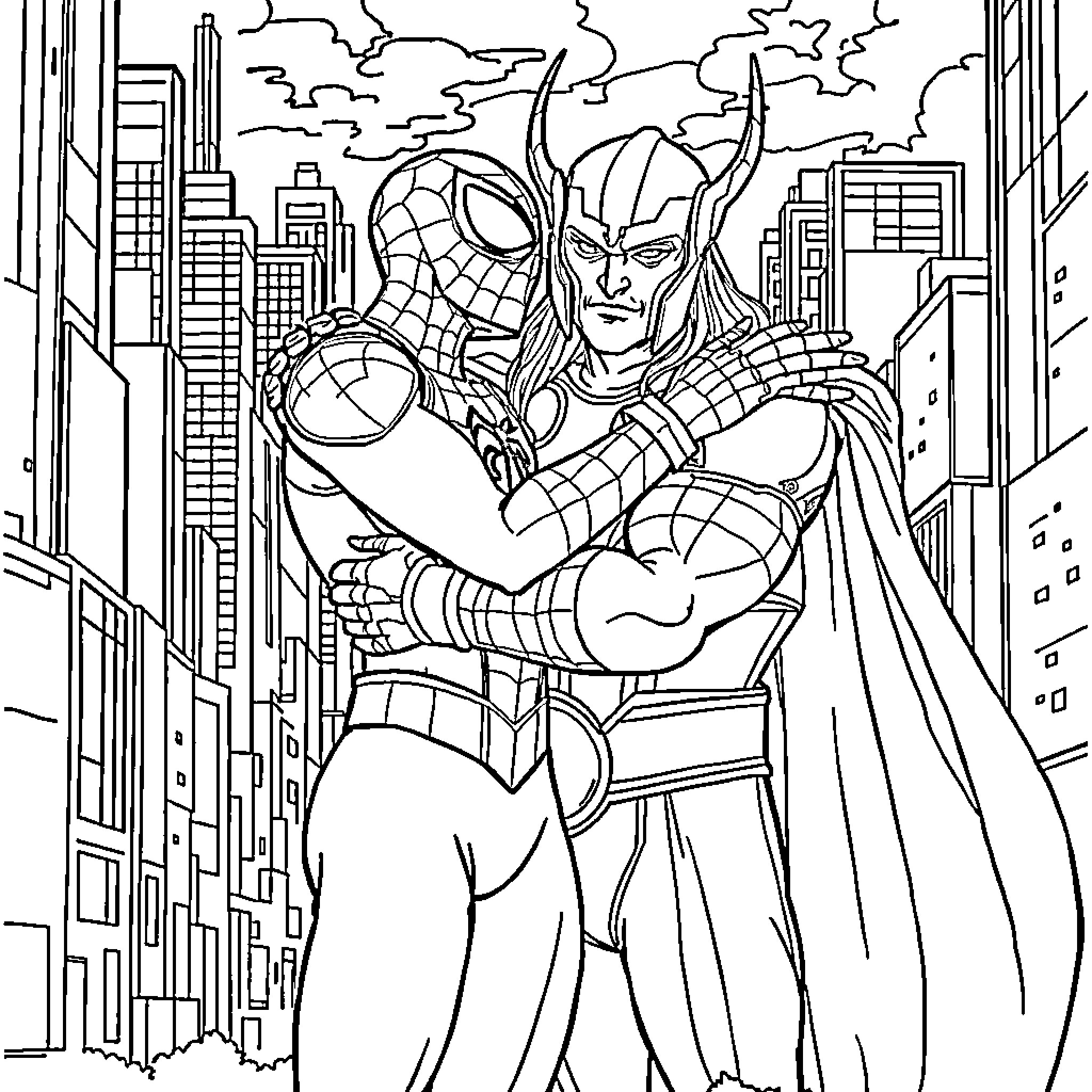 Spiderman and Thor saving the city Coloring Page (free black-and-white line drawing printable PDF for all, from beginners to advanced learners, including children, teens, adults, and seniors)