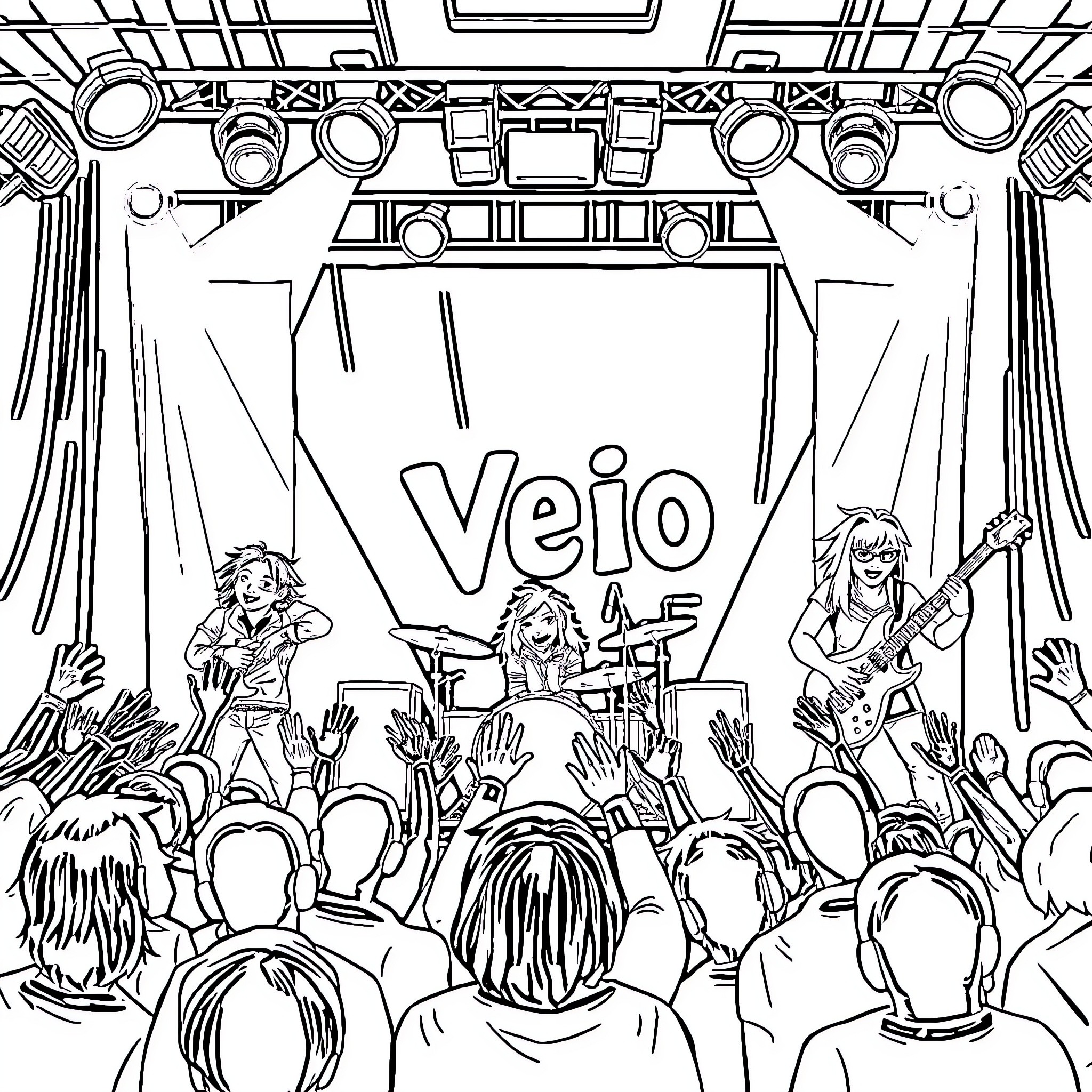 Band performing passionately on stage with fans Coloring Page (free black-and-white line drawing printable PDF for all, from beginners to advanced learners, including children, teens, adults, and seniors)
