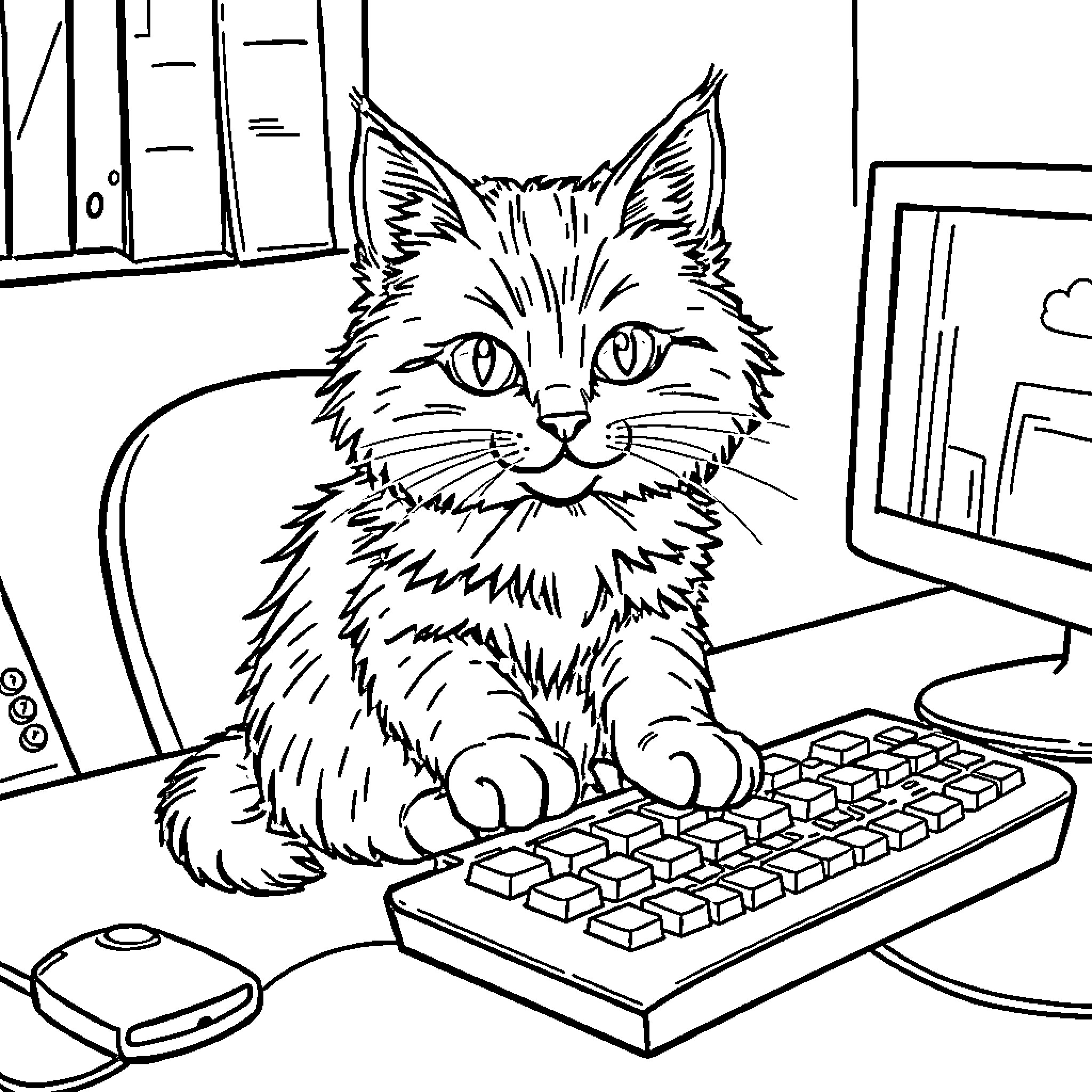 Cat working diligently on computer keyboard Coloring Page (free black-and-white line drawing printable PDF for all, from beginners to advanced learners, including children, teens, adults, and seniors)