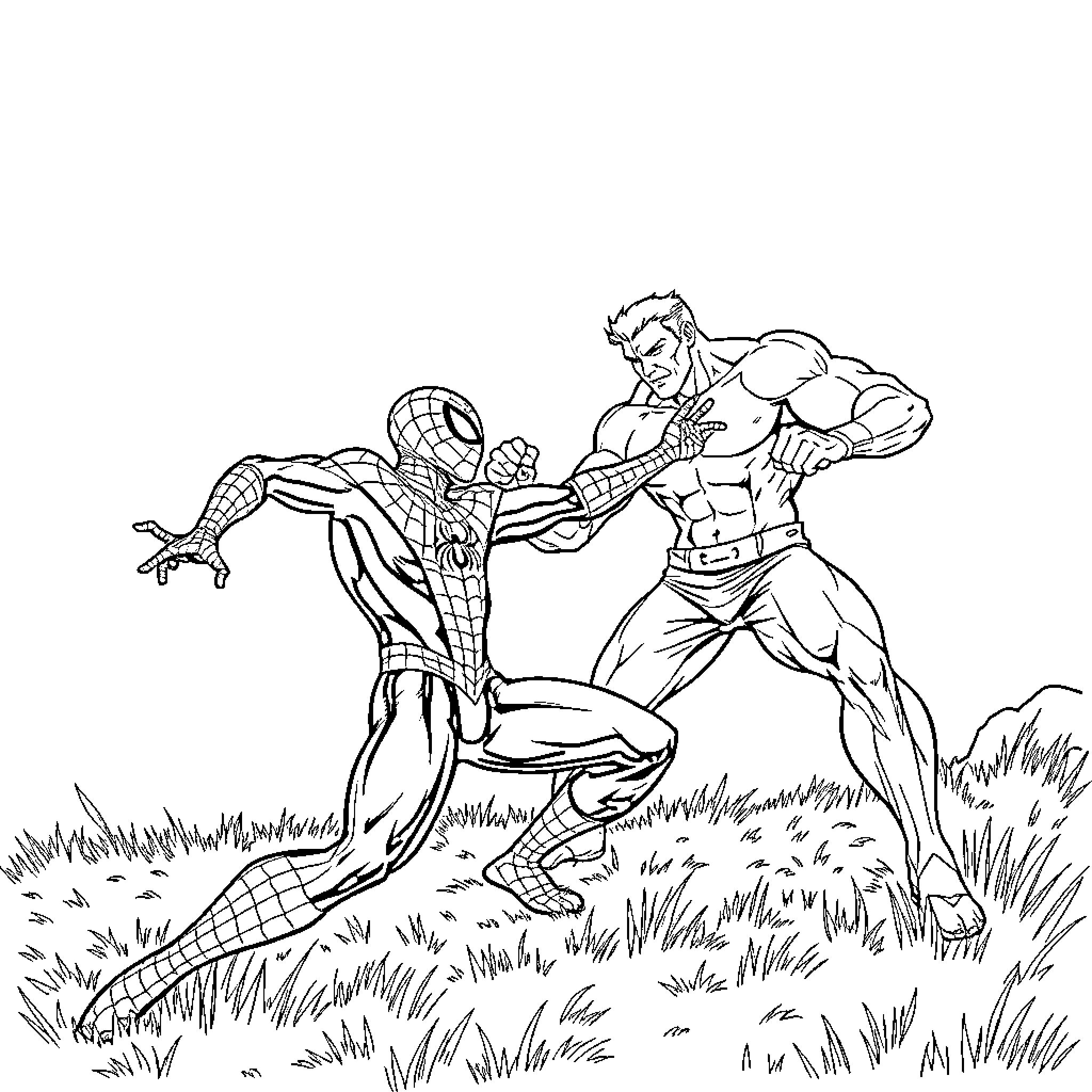 Spider-Man fighting muscular villain in grassy field Coloring Page (free black-and-white line drawing printable PDF for all, from beginners to advanced learners, including children, teens, adults, and seniors)