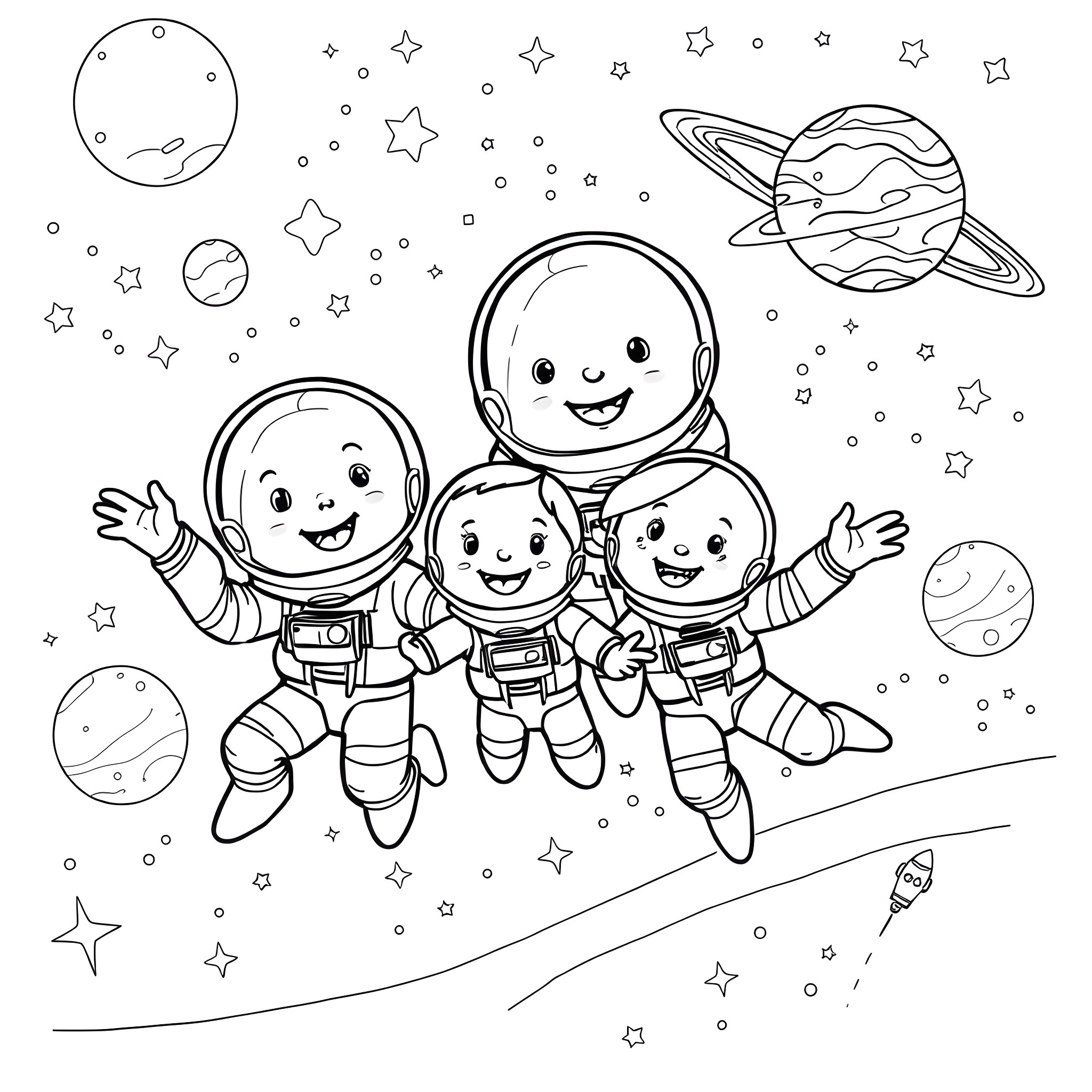 Bluey's Interstellar Adventure Coloring Page (free black-and-white line drawing printable PDF for all, from beginners to advanced learners, including children, teens, adults, and seniors)