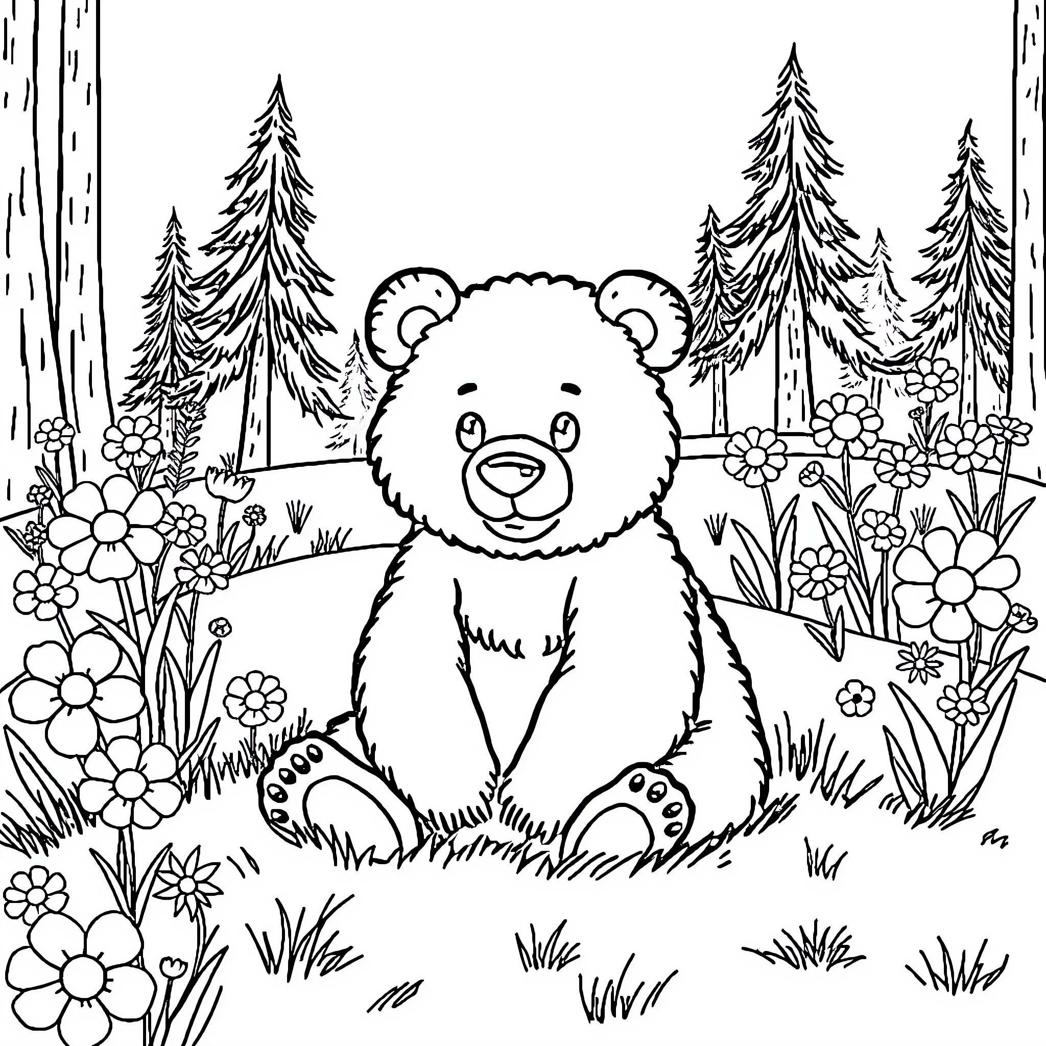 Bear enjoying a floral meadow in the forest Coloring Page (free black-and-white line drawing printable PDF for all, from beginners to advanced learners, including children, teens, adults, and seniors)
