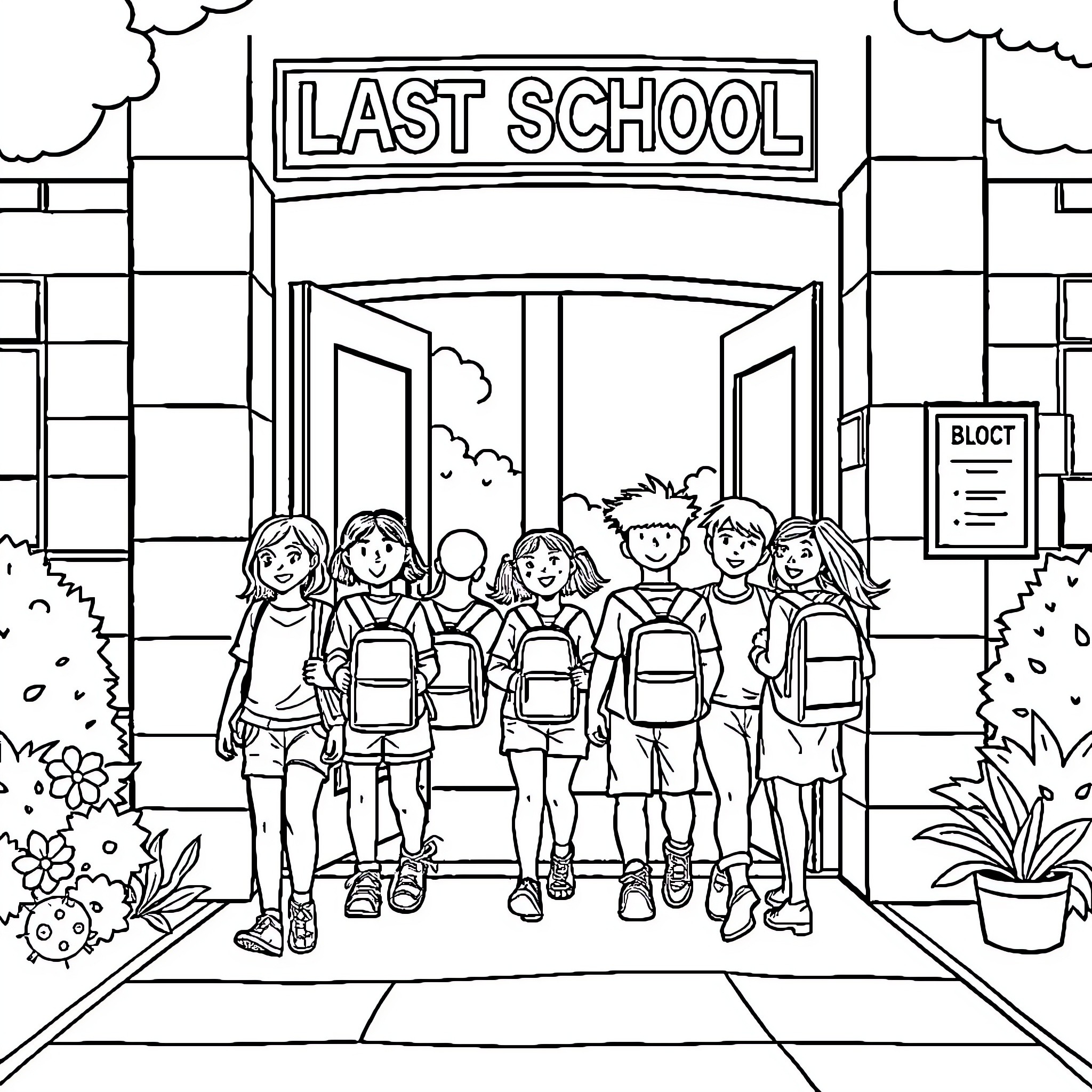 School's Out - Students Leaving for the Day Coloring Page (free black-and-white line drawing printable PDF for all, from beginners to advanced learners, including children, teens, adults, and seniors)