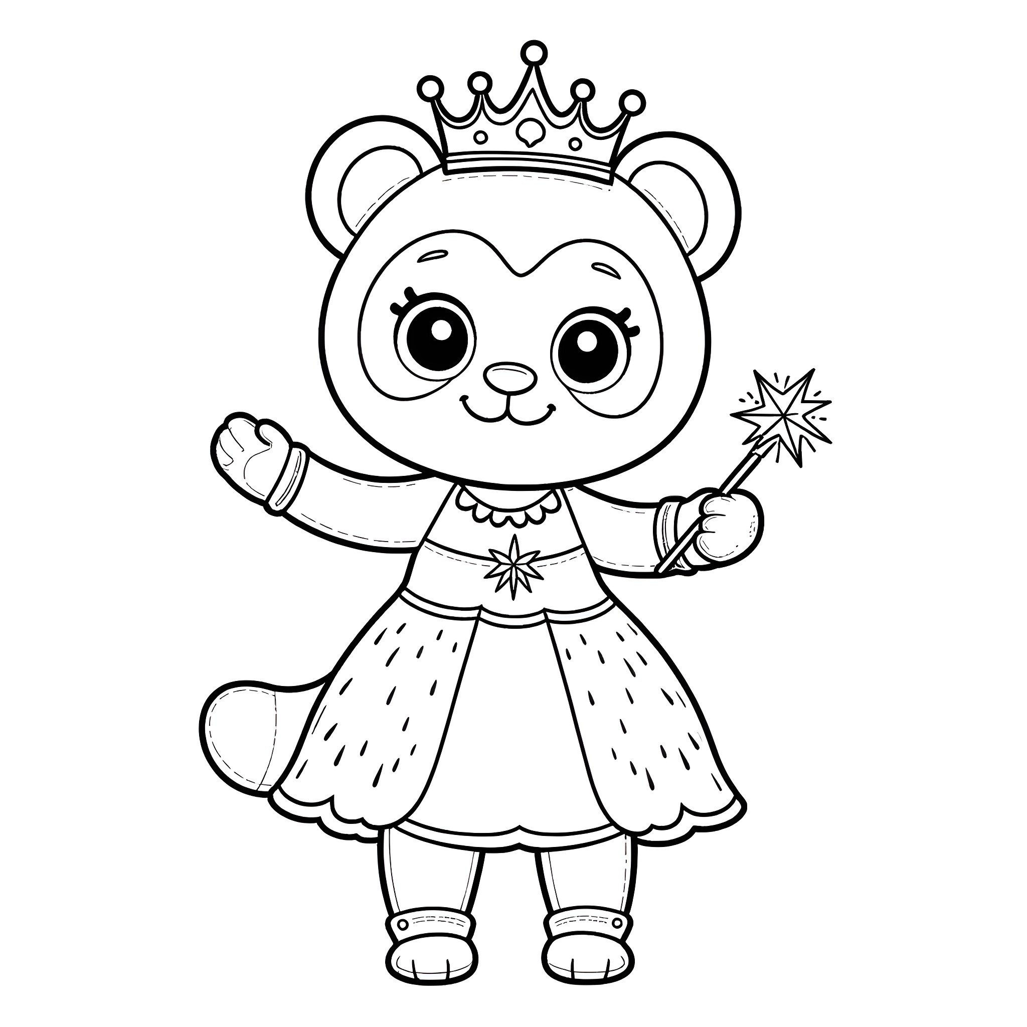Panda princess waving magic wand Coloring Page (free black-and-white line drawing printable PDF for all, from beginners to advanced learners, including children, teens, adults, and seniors)