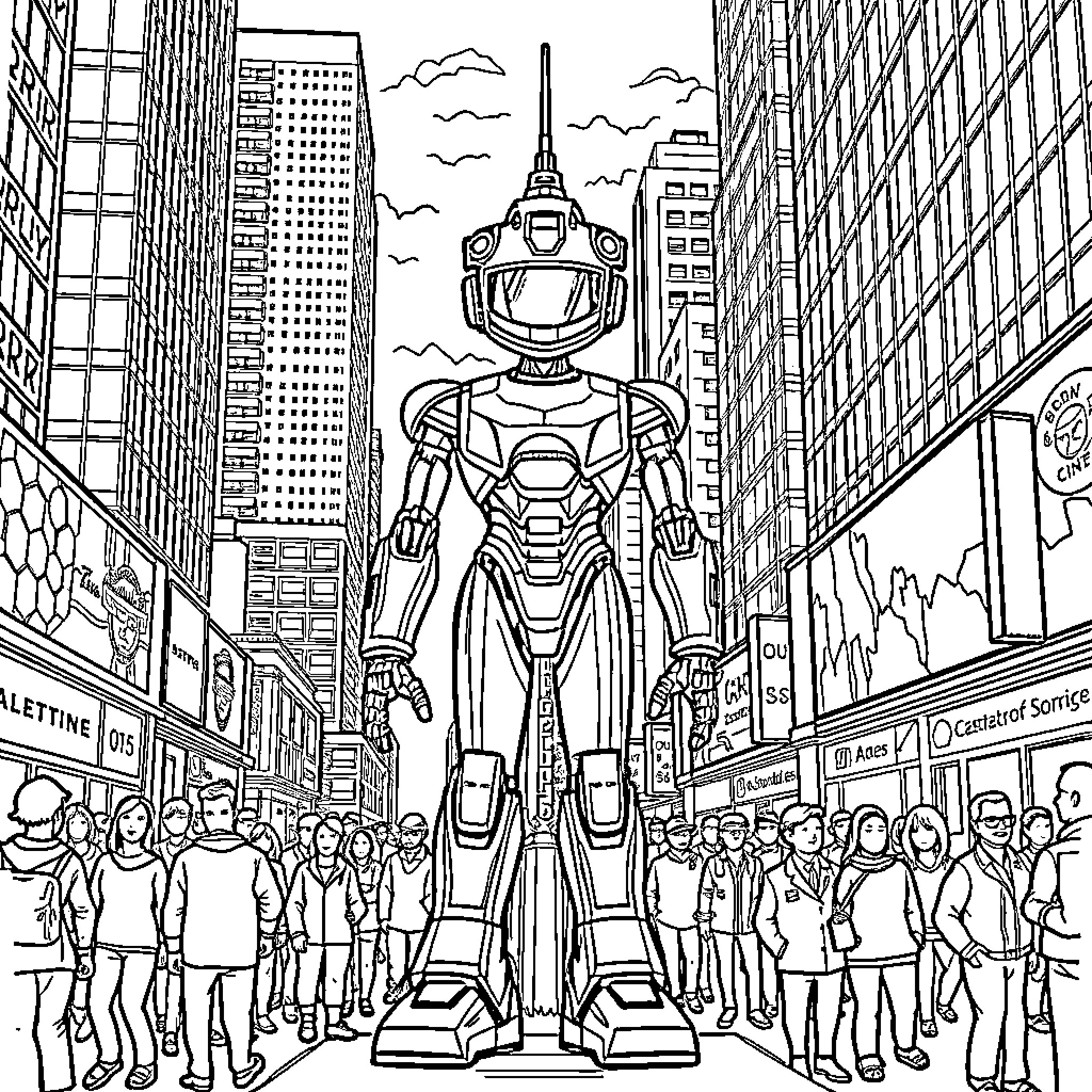 Robot Standing Tall Amongst City Crowd Coloring Page (free black-and-white line drawing printable PDF for all, from beginners to advanced learners, including children, teens, adults, and seniors)